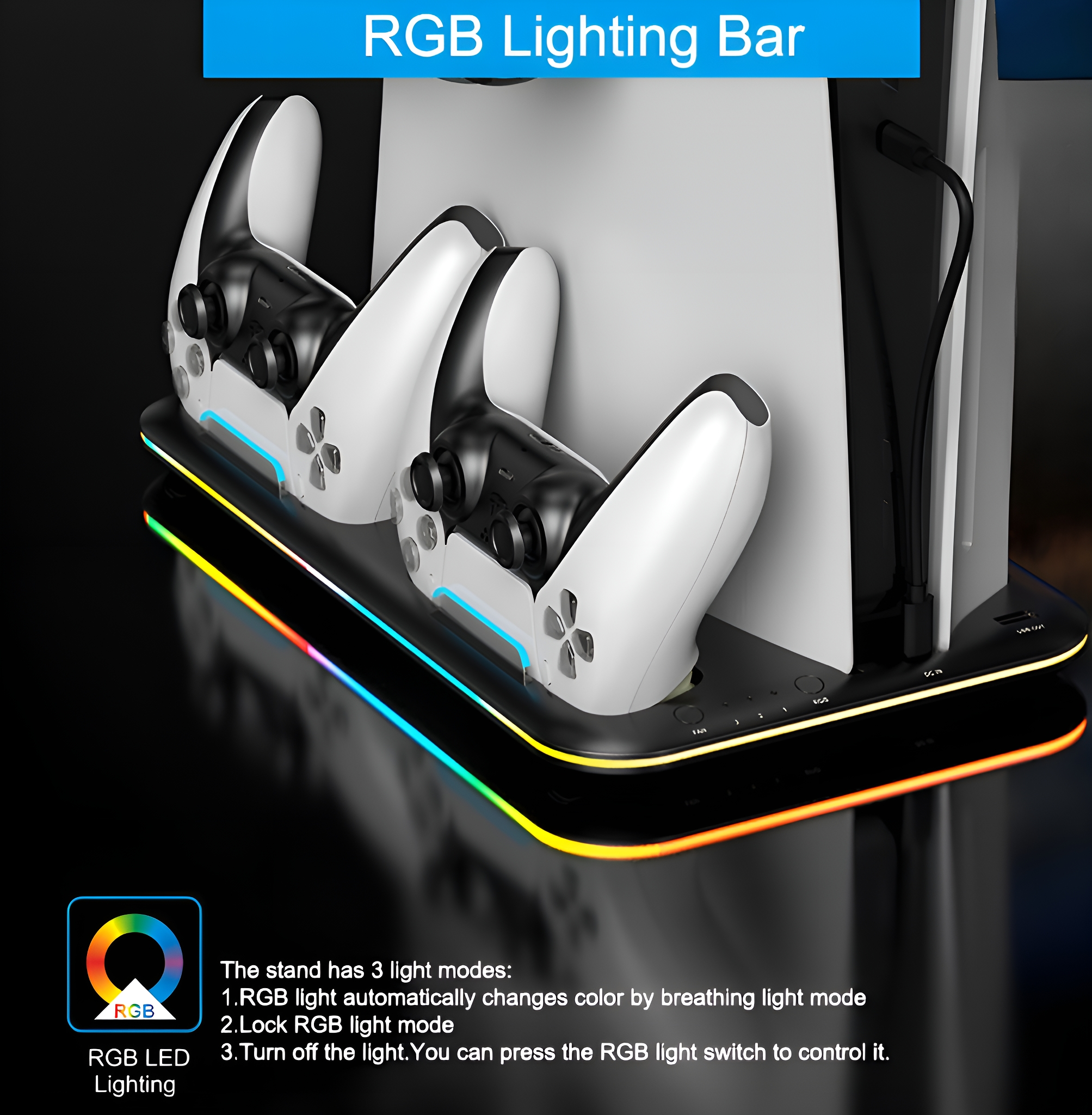 Gaming-Ständer mit zwei weißen Controllern und einer Konsole. Der Ständer hat RGB-Beleuchtung. Schwarz und weiß.