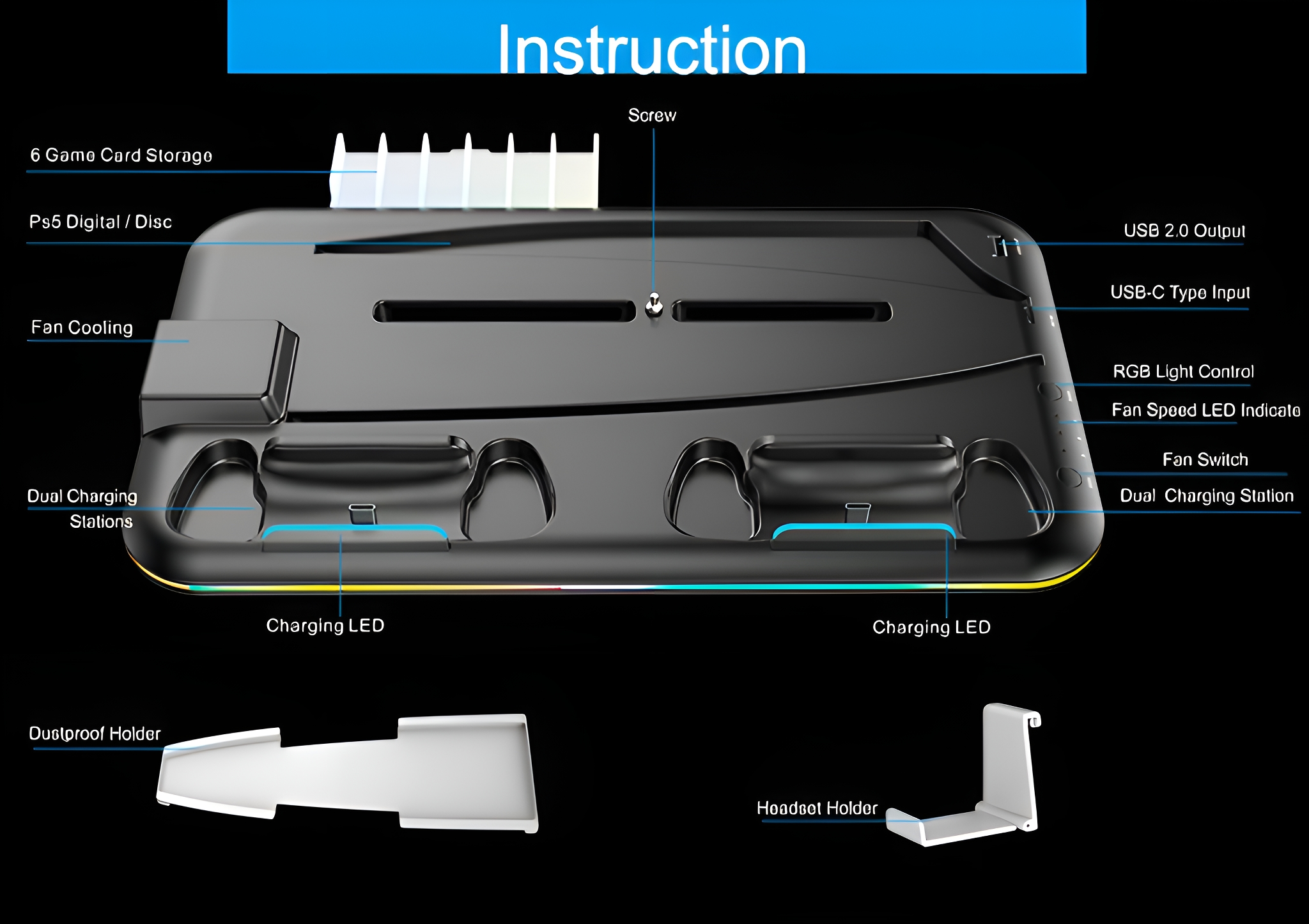 Eine Anleitung für einen PS5-Kühlständer mit einer Diagramm, das verschiedene Teile und Beschriftungen zeigt.