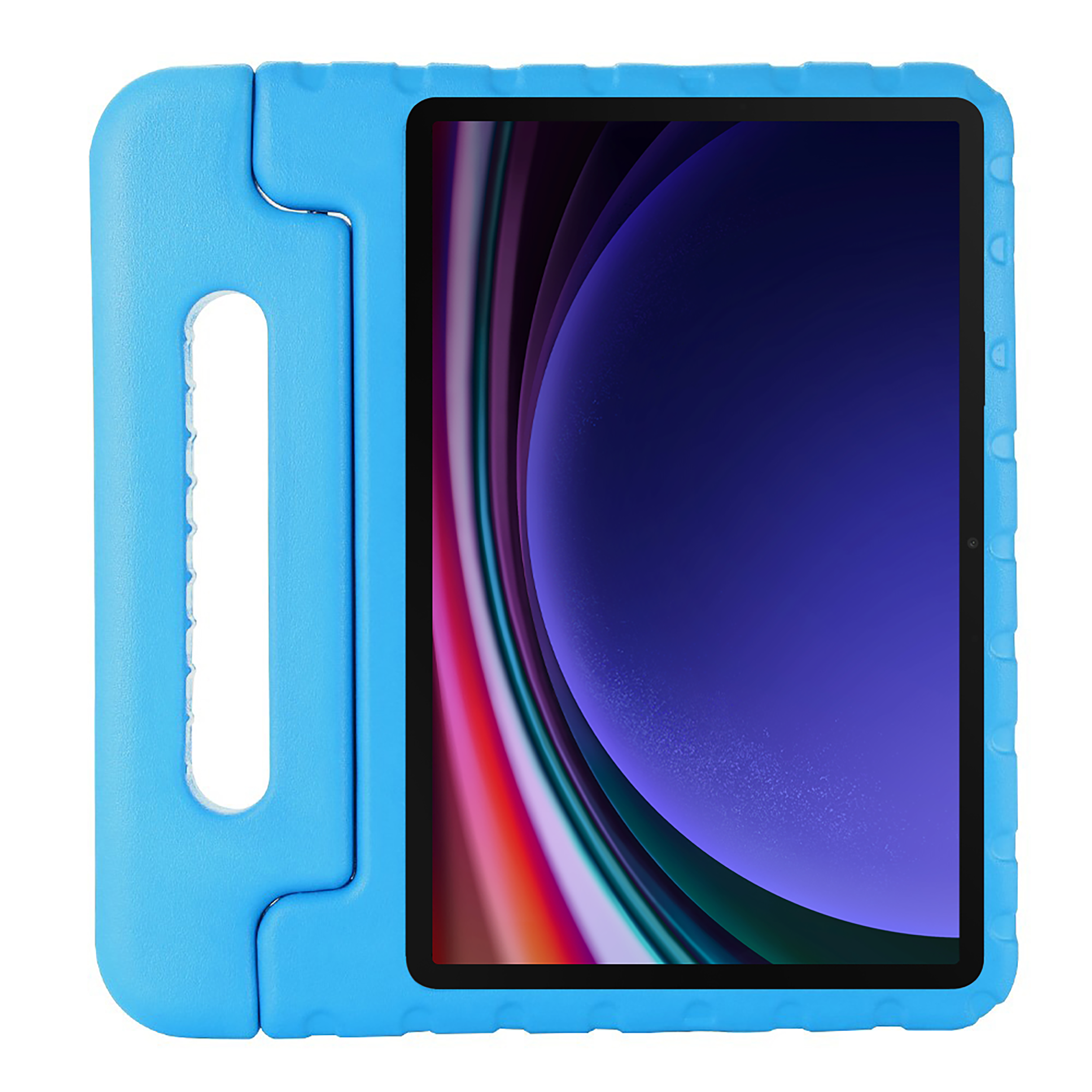 Blaues Tablet in Schutzhülle. Display zeigt ein farbenfrohes, abstraktes Bild.