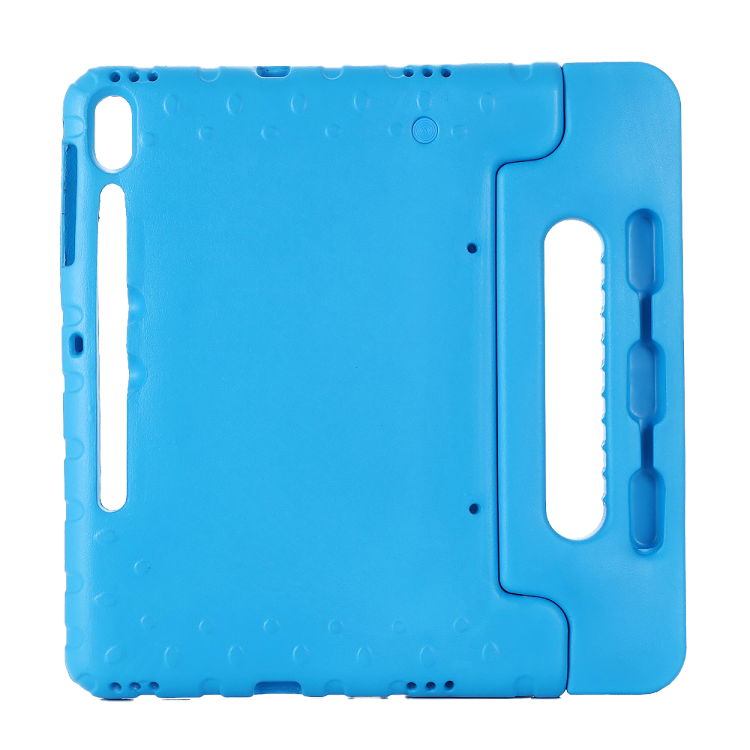 Hellblaue Tablethülle mit Griff und strukturierter Oberfläche, schwarzer Hintergrund.