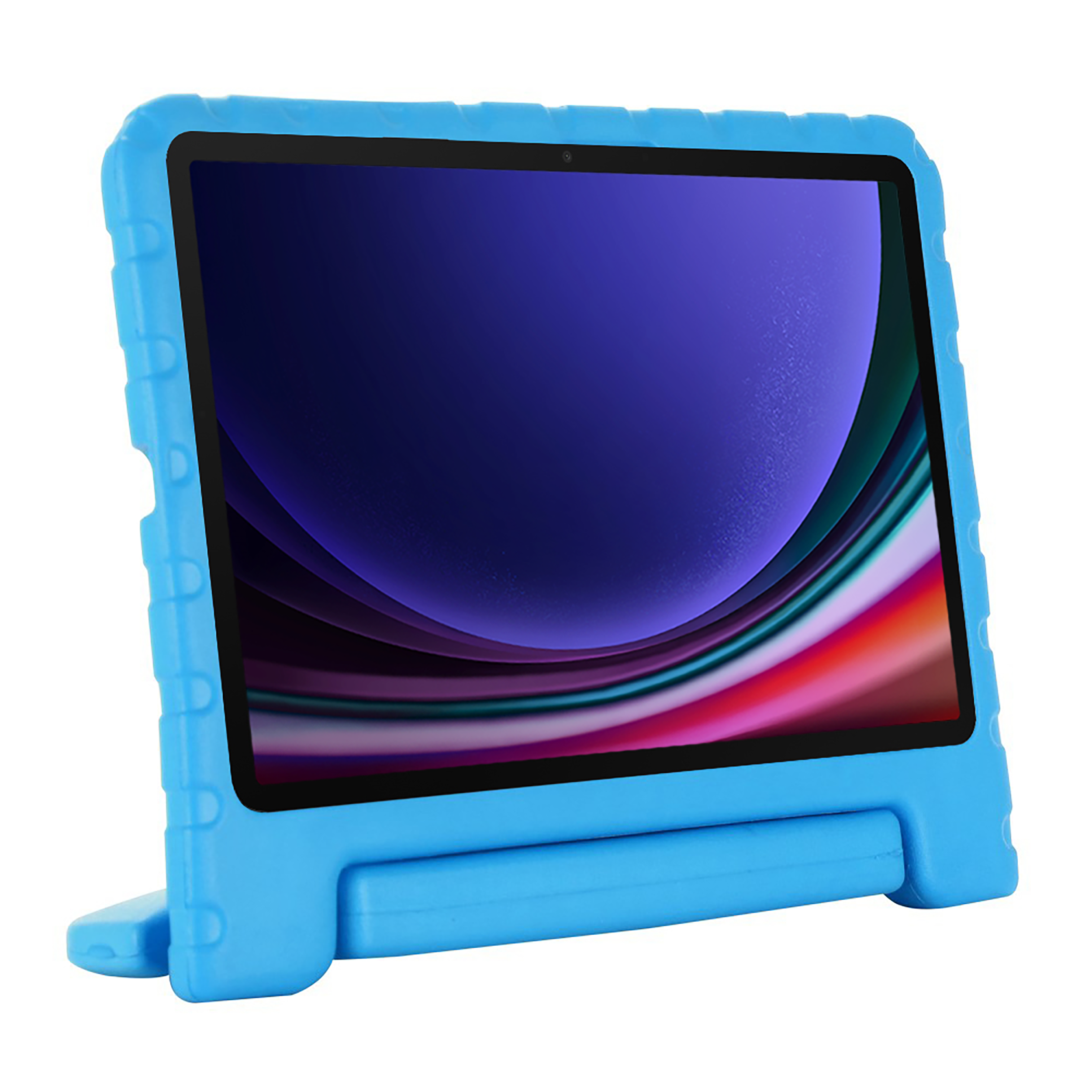 Blaue Tablethülle mit Tablet darin. Die Hülle hat einen Ständer. Schwarzer Bildschirm.