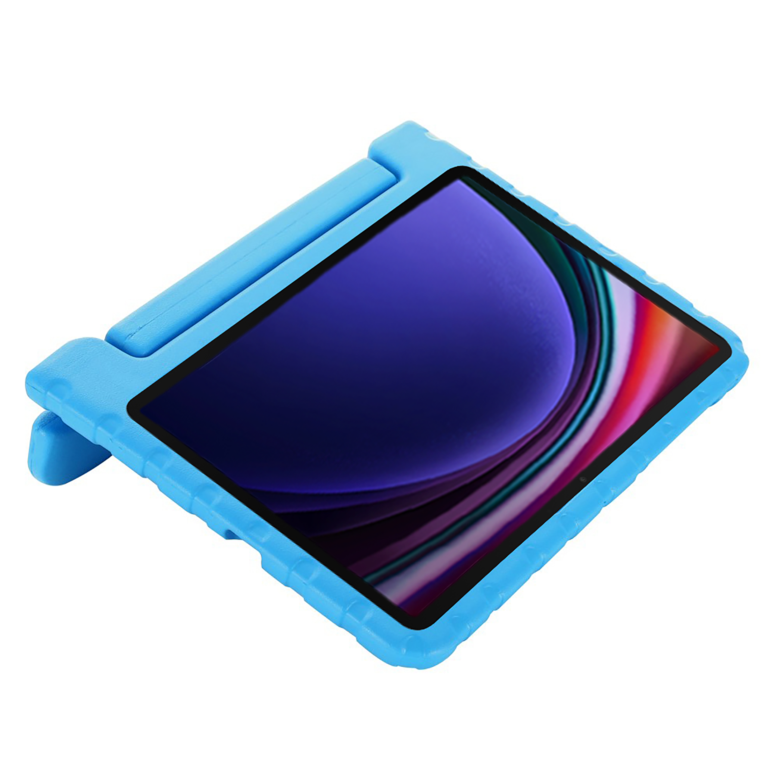 Eine blaue Tablethülle mit Tablet, abgewinkelt und mit Ständer.