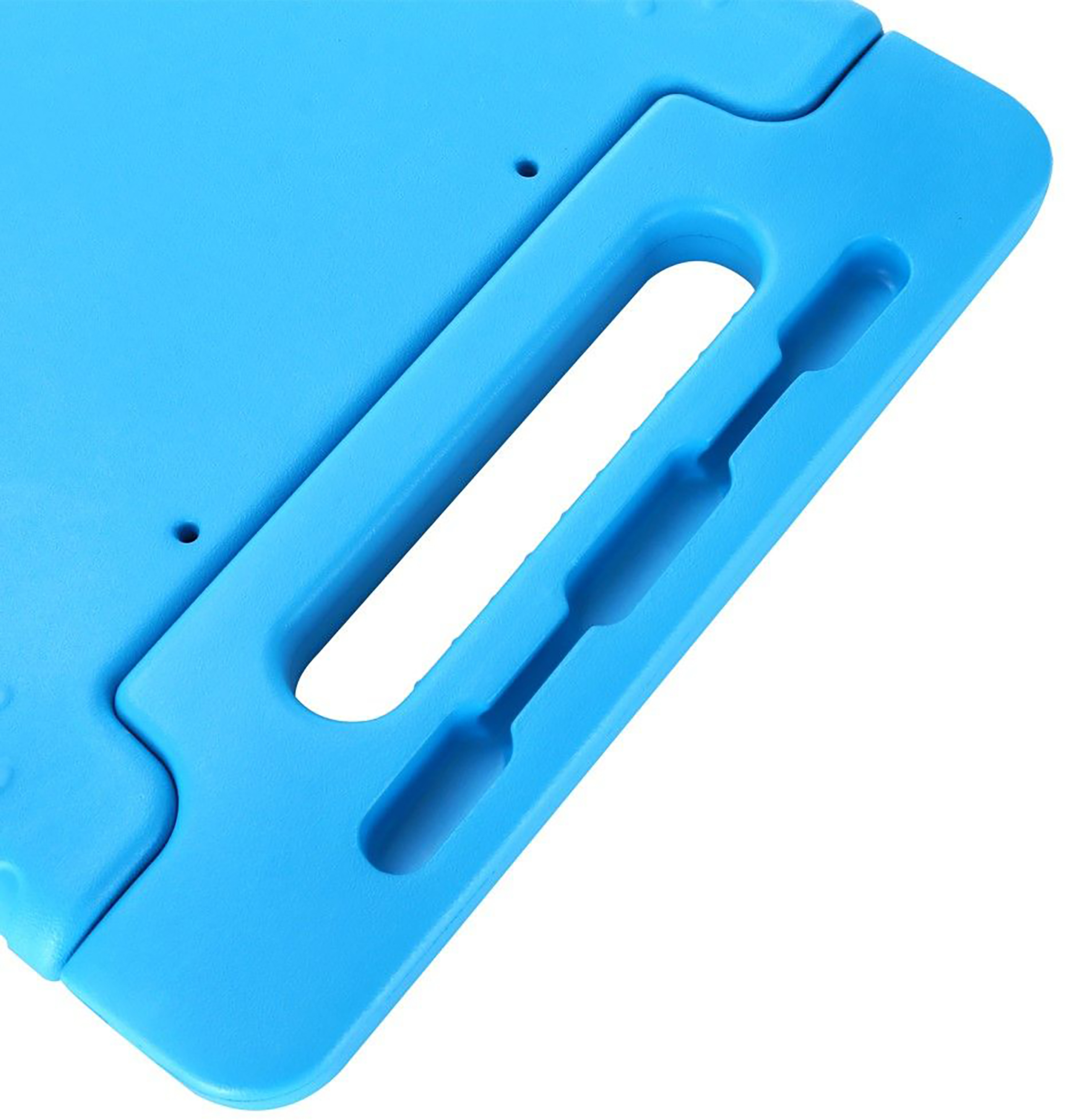 Nahaufnahme eines blauen Tablethallengriffs. Der Griff hat drei Löcher.