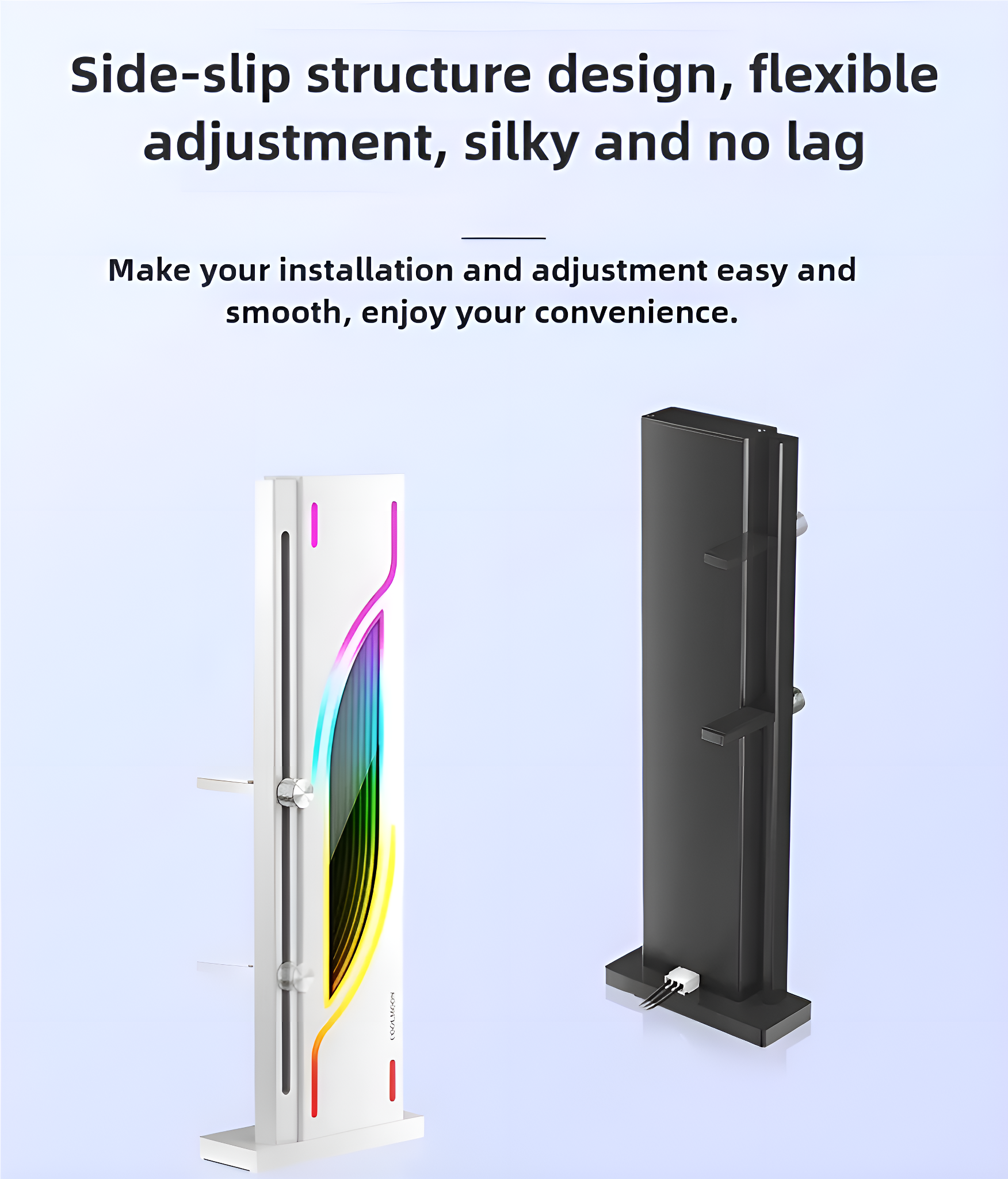Zwei vertikale LED-Lichtsäulen, eine weiß mit Farbe, eine schwarz. Text beschreibt Designmerkmale.