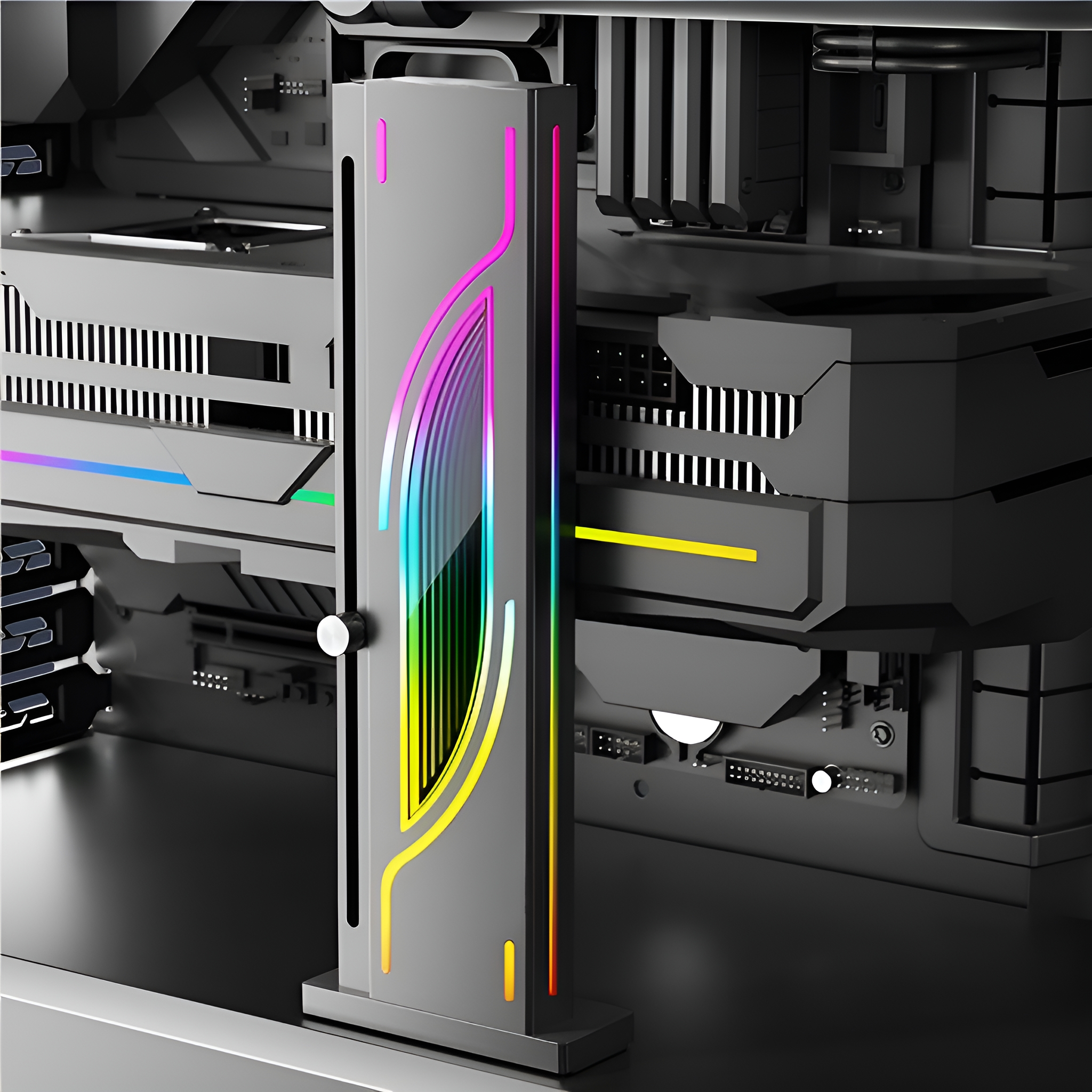 Ein PC-Gehäuse mit einem RGB-Lichtstreifen im Inneren. Das Innere eines Computergehäuses ist sichtbar.