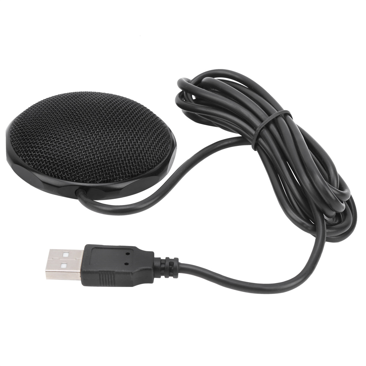 Schwarzes USB-Mikrofon mit rundem Kopf. Ein schwarzes Kabel mit USB-Anschluss.