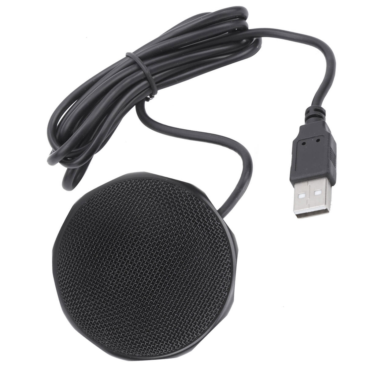 Ein schwarzes Mikrofon mit USB-Kabel. Es hat eine runde Form. Weißer Hintergrund.