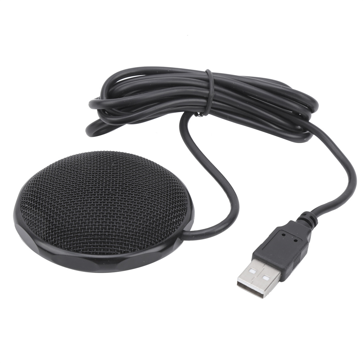 Kleines, schwarzes Mikrofon mit Mesh-Abdeckung, verbunden mit einem USB-Kabel.