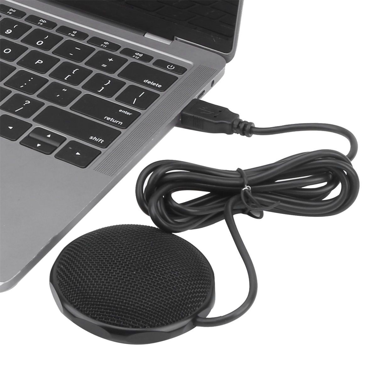 Laptop über ein USB-Kabel mit einem Mikrofon verbunden.