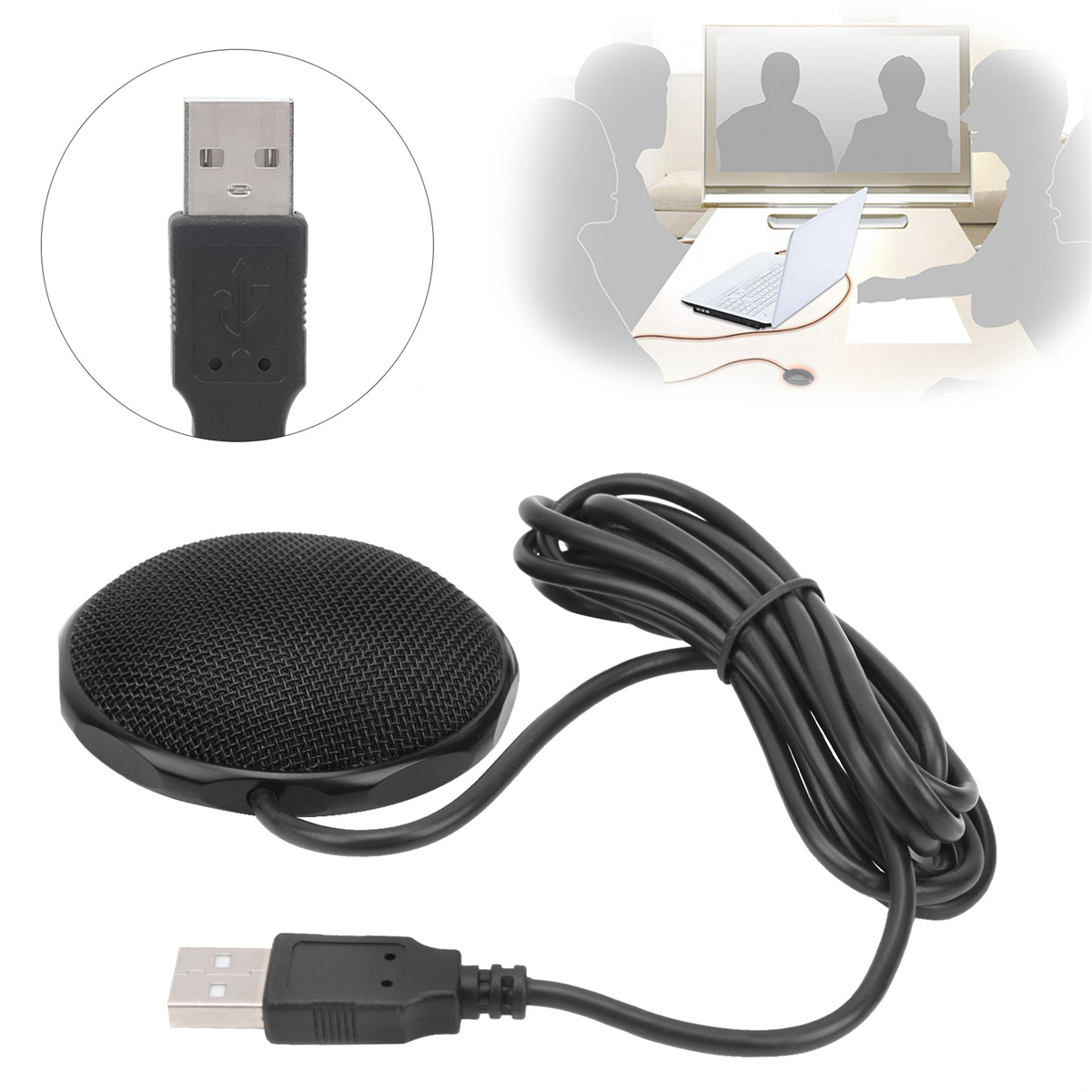 Ein USB-Mikrofon mit Kabel. Im Hintergrund sind Personen in einem Videoanruf.