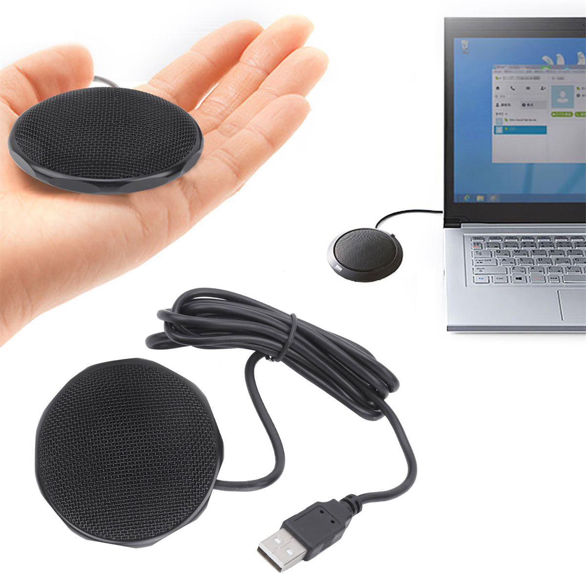 Zwei schwarze Mikrofone, eines in der Hand gehalten, an einen Laptop angeschlossen.