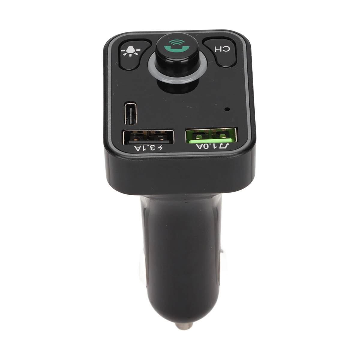 Ein schwarzes Autoladegerät mit USB-Anschlüssen und Tasten für Musik und Telefonanrufe.