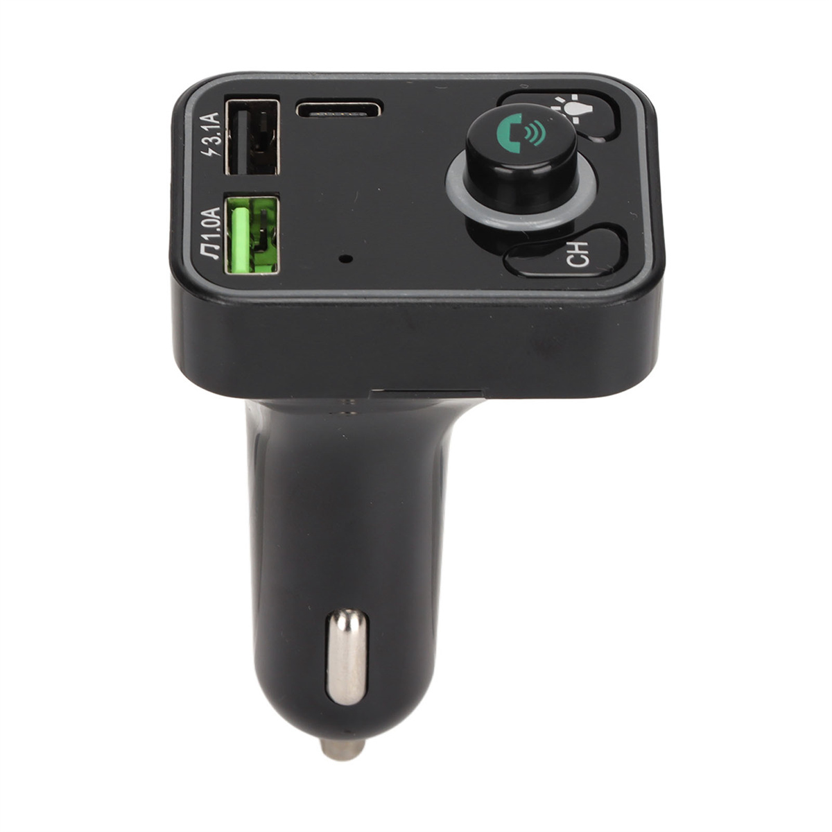 Ein schwarzes, autoähnliches USB-Ladegerät mit zwei USB-Anschlüssen und einem kleinen Bildschirm. Auf weißem Untergrund.