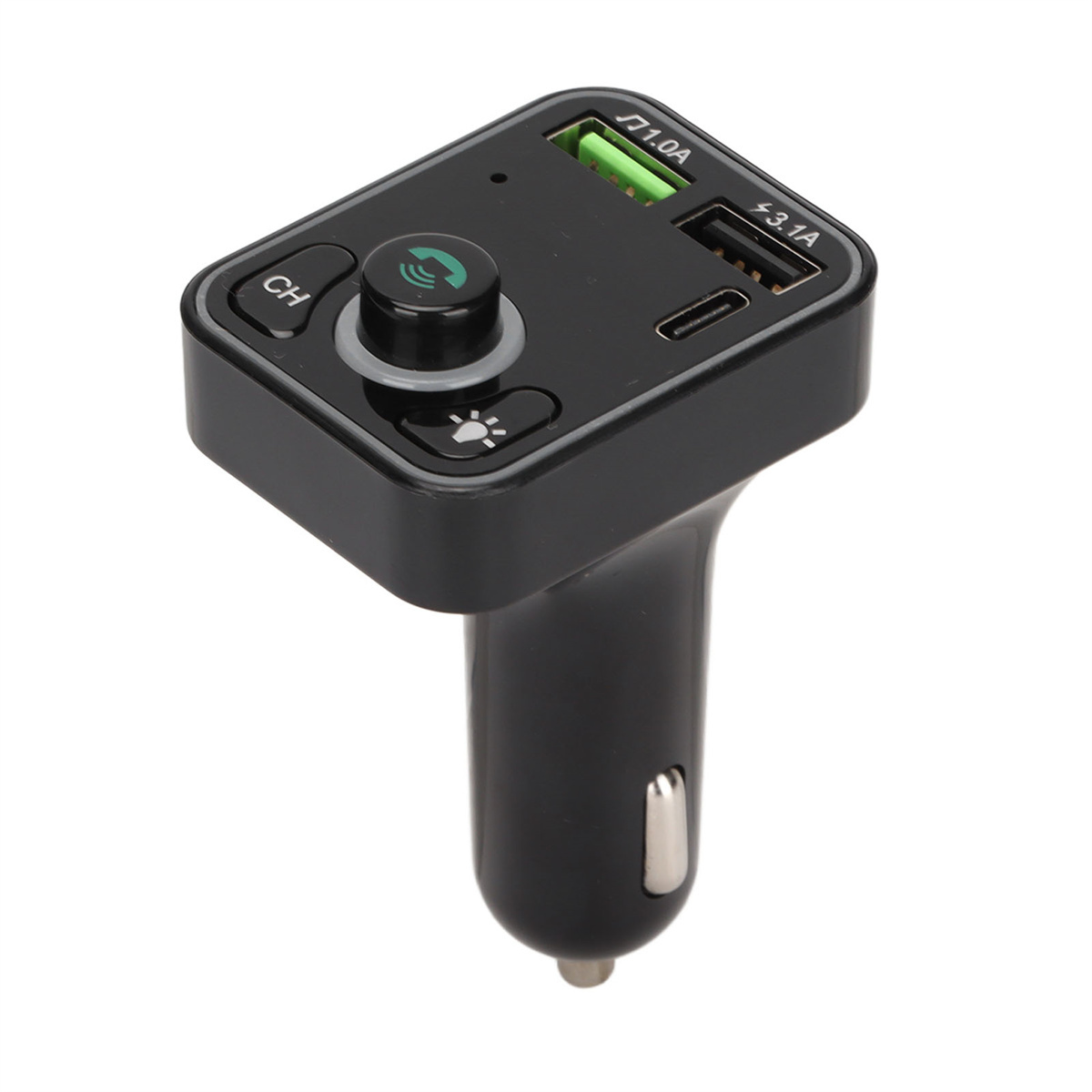 Schwarzes Autoladegerät mit USB-Anschlüssen und Bedientasten, auf weißem Hintergrund.