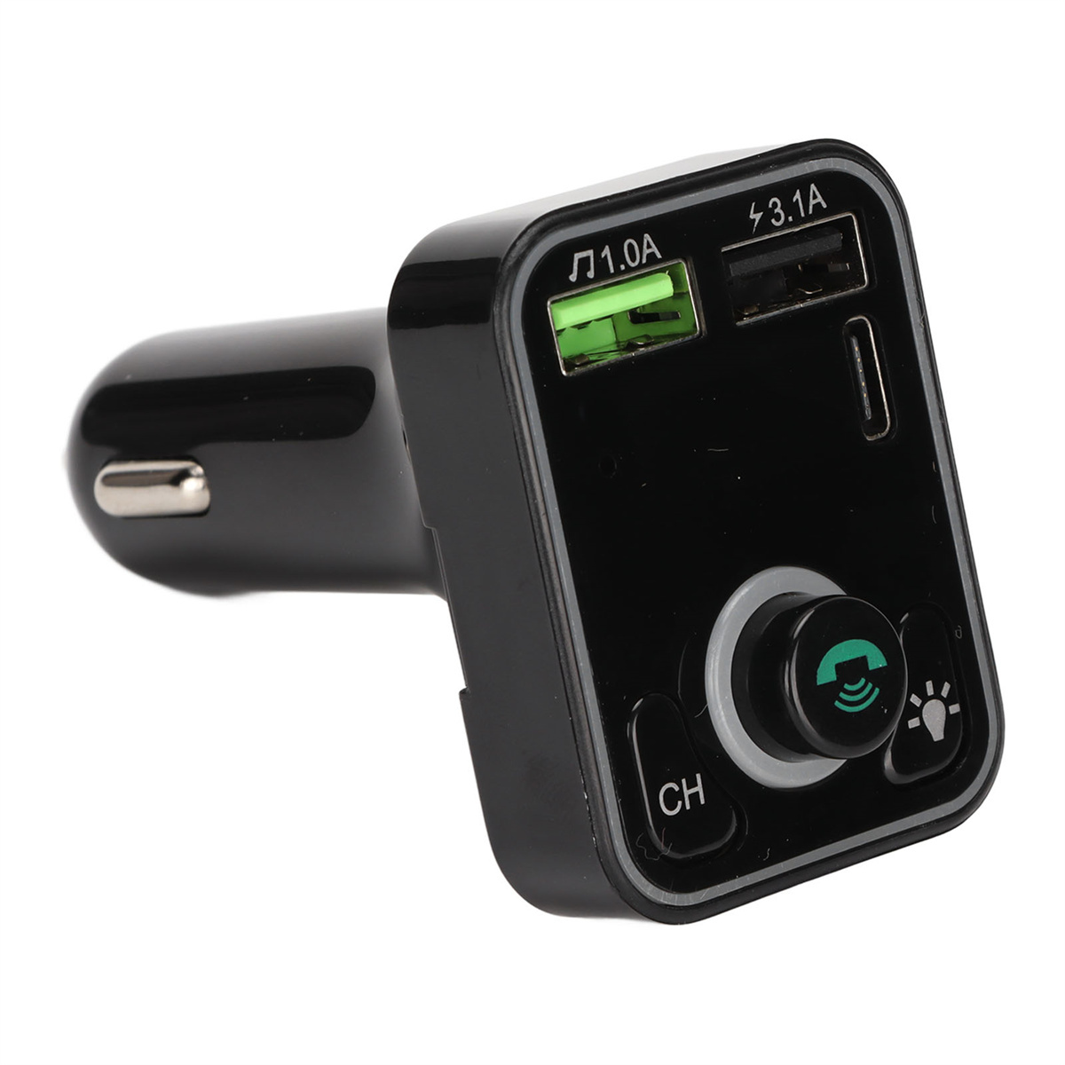Schwarzes Autoladegerät mit USB-Anschlüssen und Tasten.