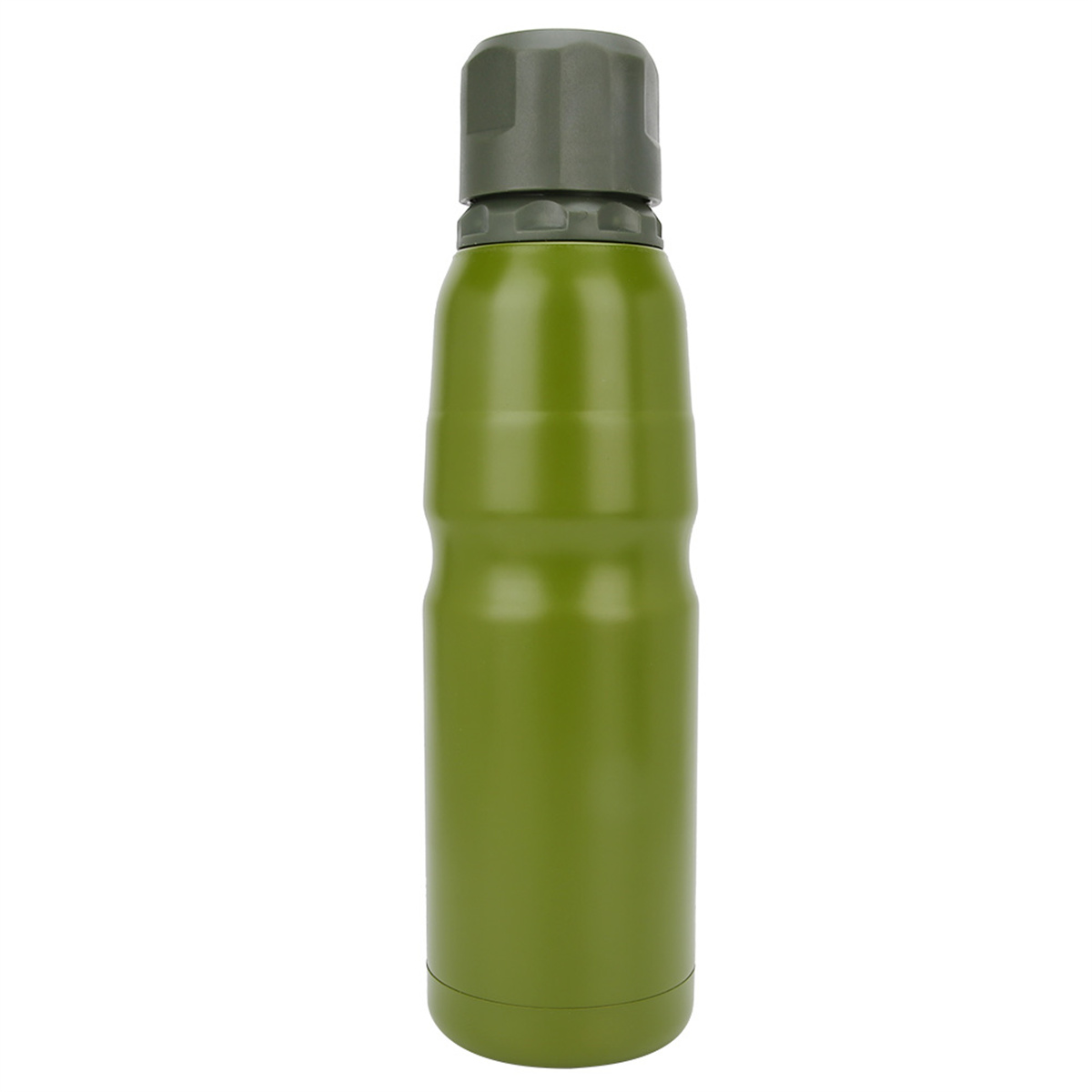 Grüne, isolierte Wasserflasche mit dunkelgrauem Deckel.