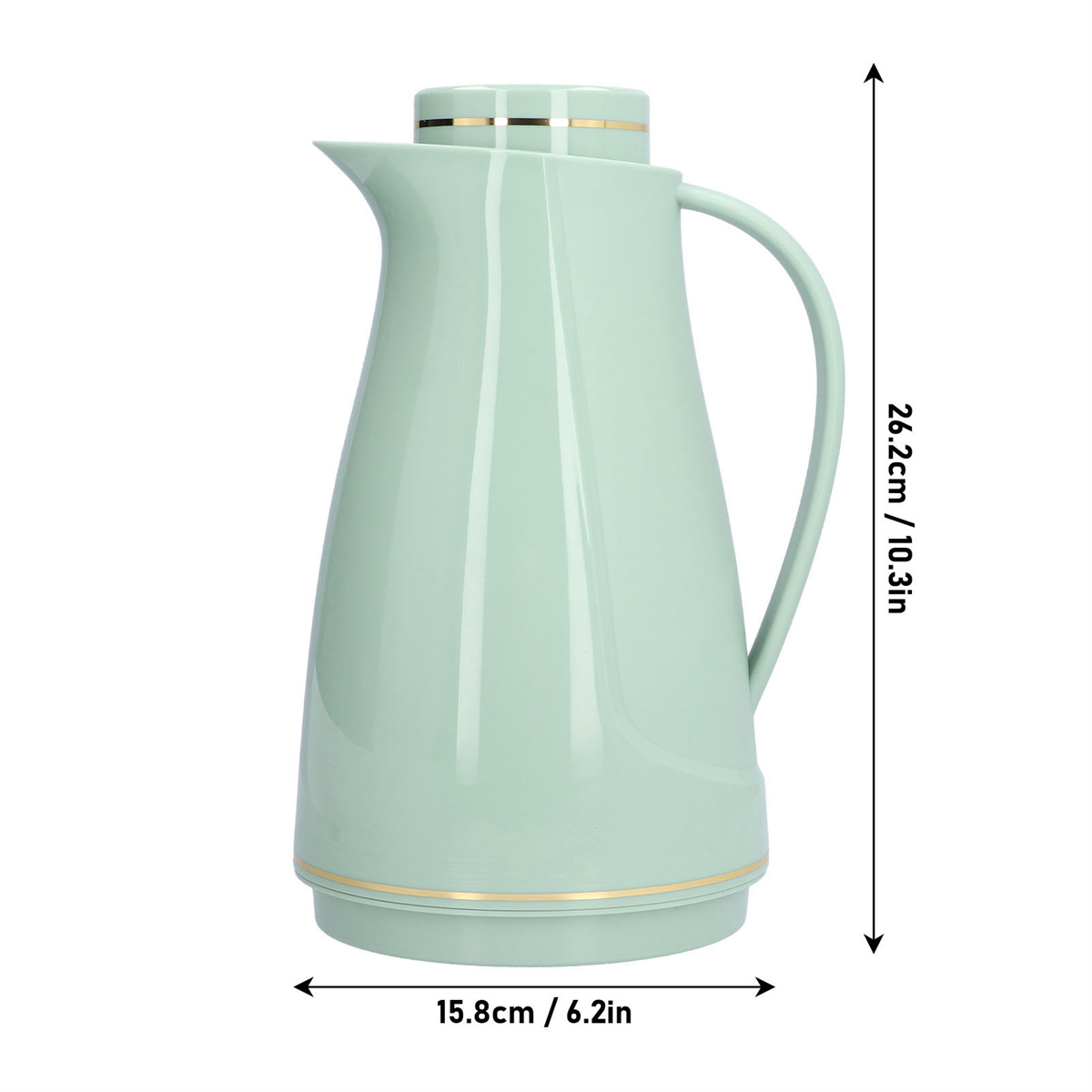 Grüner und goldener Wasserkrug. Der Krug ist hoch und zylindrisch, mit angezeigten Maßen. Der Krug hat einen Griff.