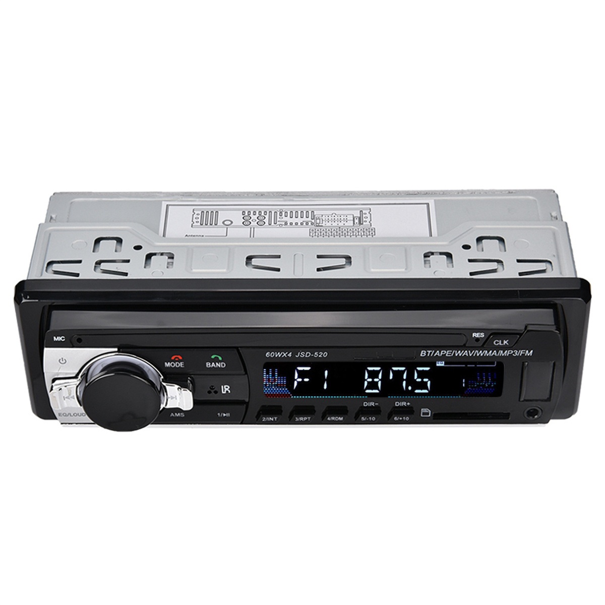 Autoradio-Hauptgerät, schwarz mit Knöpfen und Display, auf weißem Hintergrund.