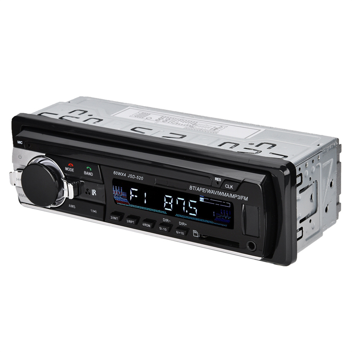 Autoradio. Schwarze Blende mit Knöpfen, einem Drehknopf und einem Bildschirm, der Zahlen und UKW-Radio anzeigt.
