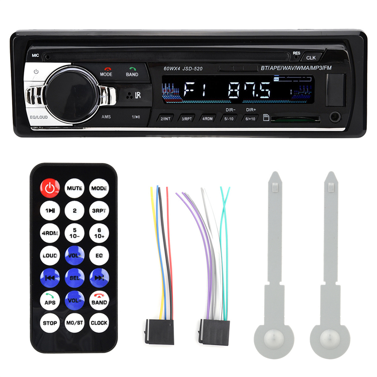 Autoradio mit Zubehör: Fernbedienung, Kabel und Werkzeuge zur Montage. Radio zeigt Frequenz an.