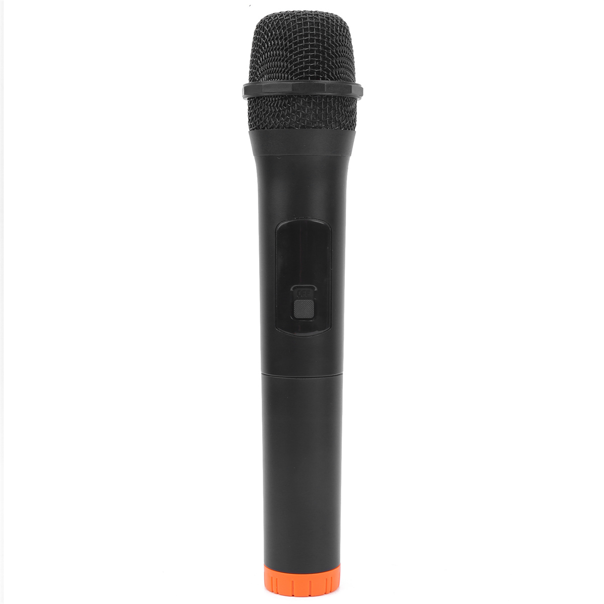 Schwarzes Mikrofon mit Mesh-Kopf und orangefarbenem Sockel. Ein einfacher Ein-/Aus-Knopf ist sichtbar.