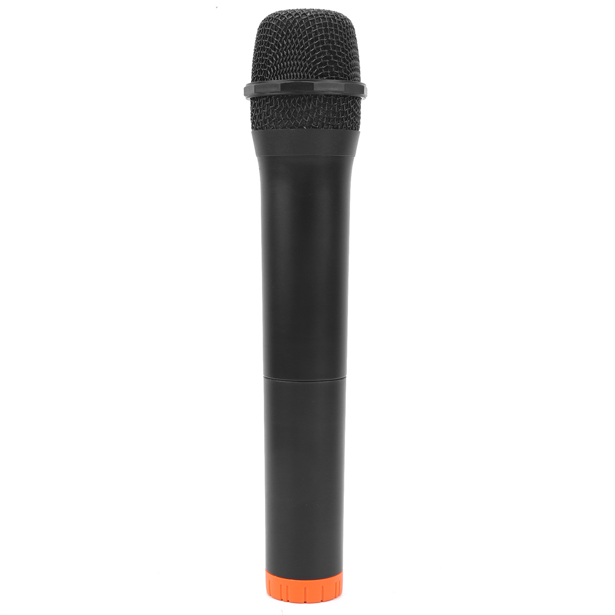 Schwarzes Mikrofon mit rundem Mesh-Top. Der Boden ist ein breiterer Zylinder mit orangefarbener Basis.