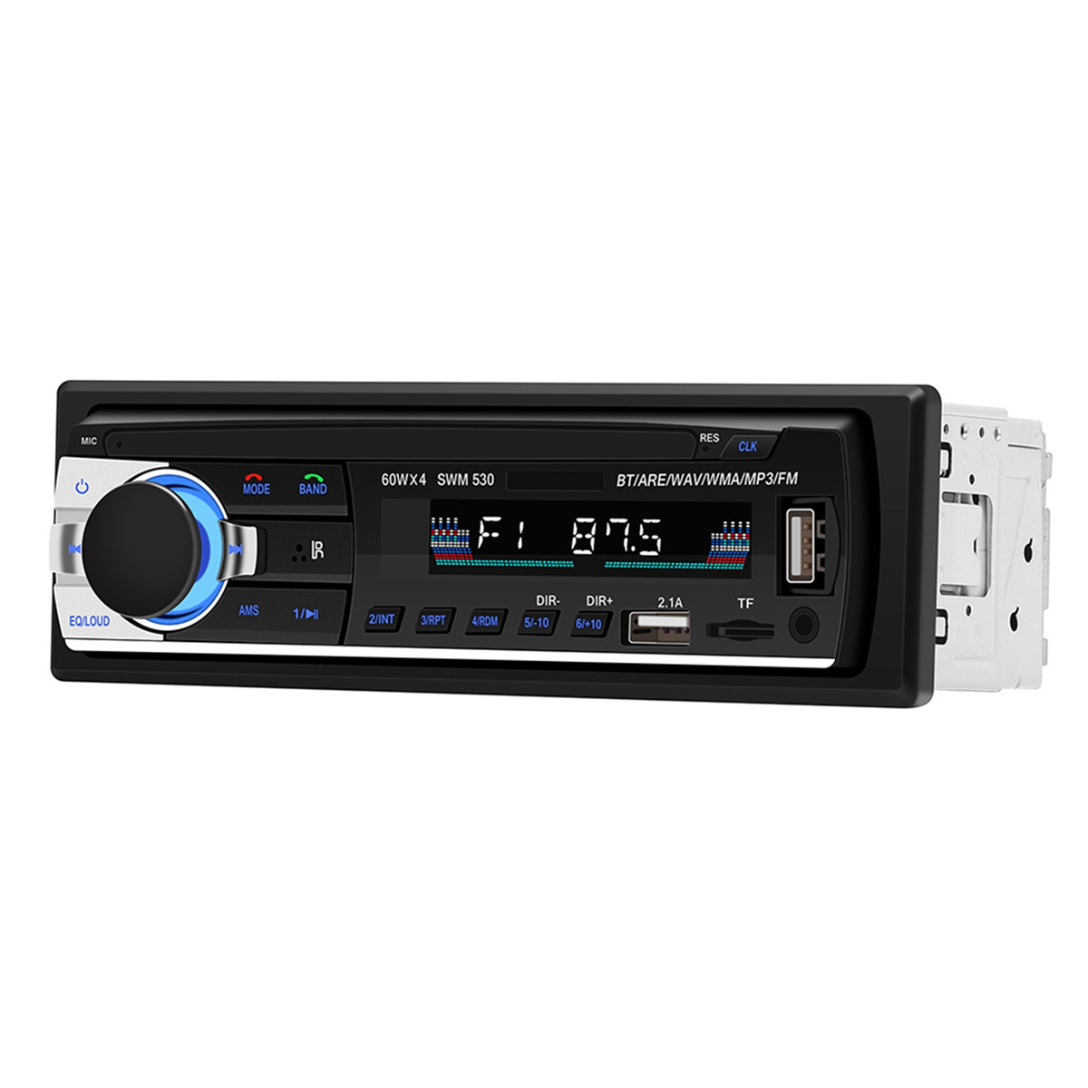 Schwarzes Autoradio mit blauem Knopf. Es hat ein Display, das die Radiofrequenz und andere Bedienelemente anzeigt.