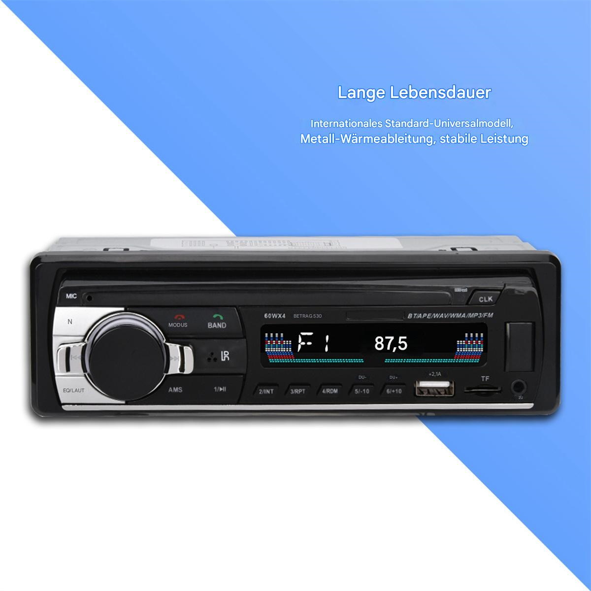 Autoradio mit Knöpfen und einem Bildschirm. Text oben. Blauer und weißer Hintergrund.