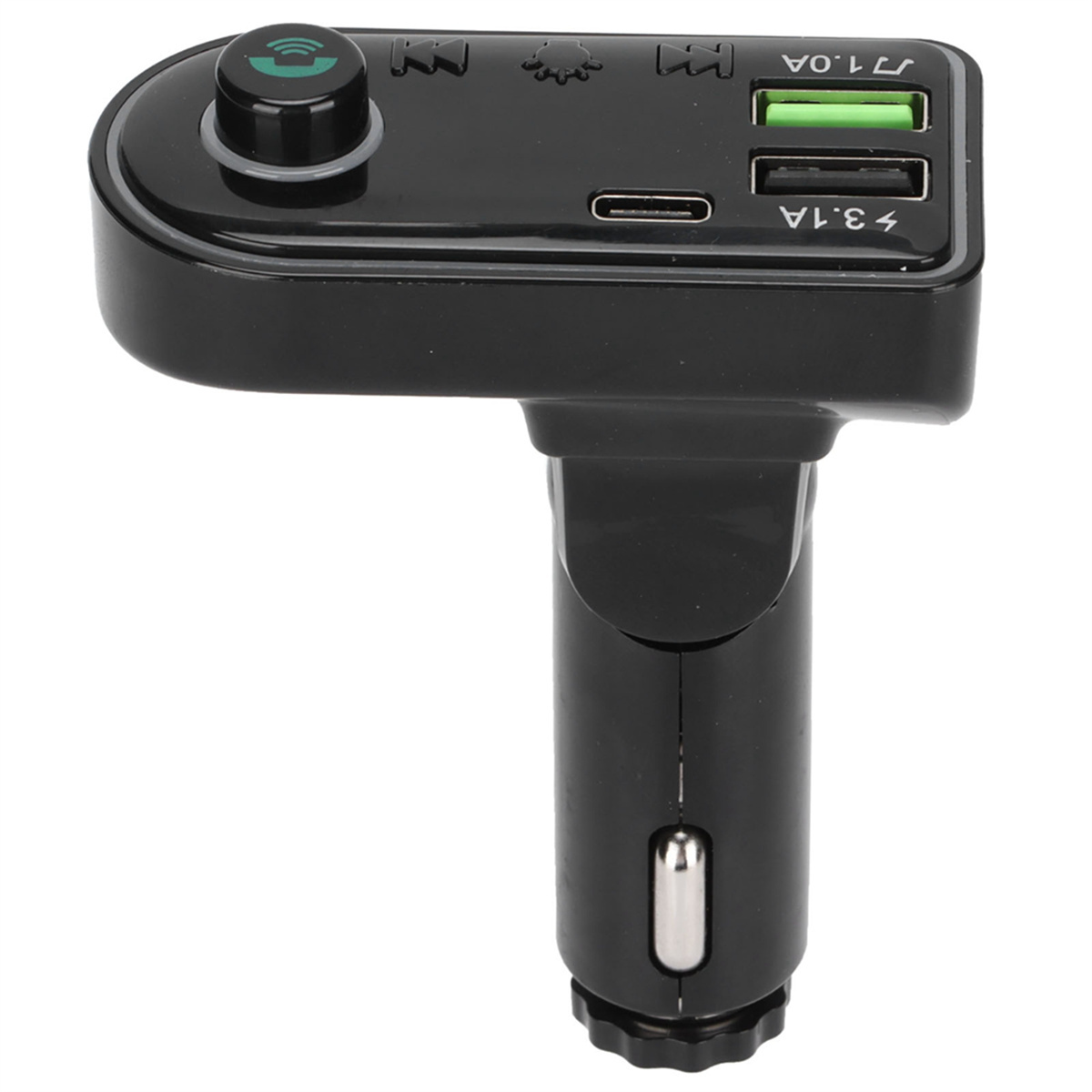 Schwarzes Autoladegerät mit USB-Anschlüssen und einer Taste; zeigt die Leistungsausgänge an.