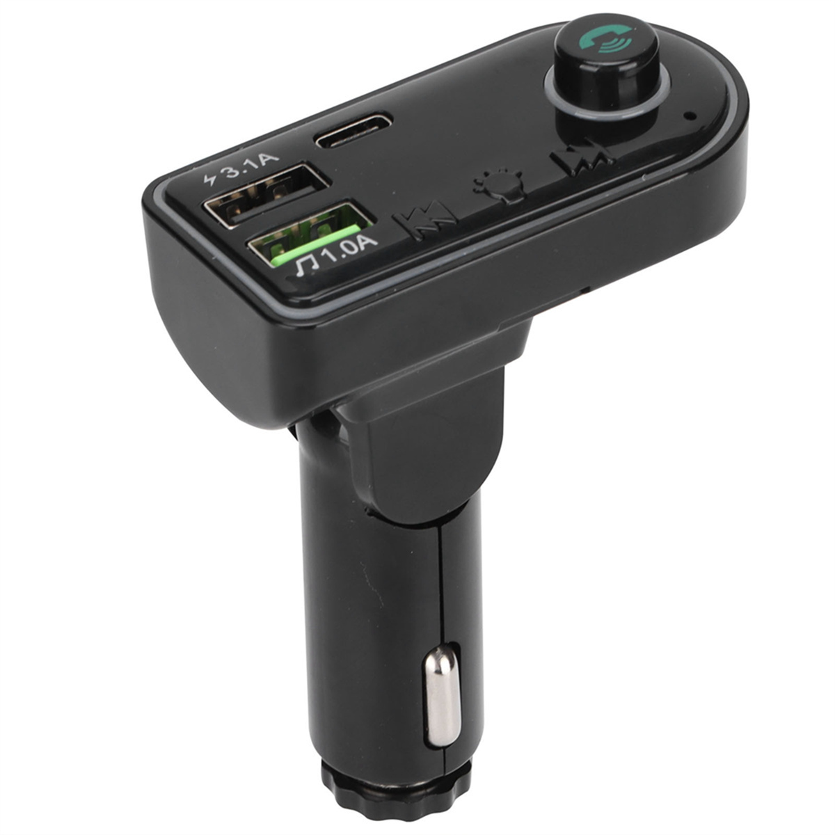 Schwarzer Auto-Adapter mit USB-Anschlüssen, auf weißem Hintergrund. Er hat einen Drehknopf.