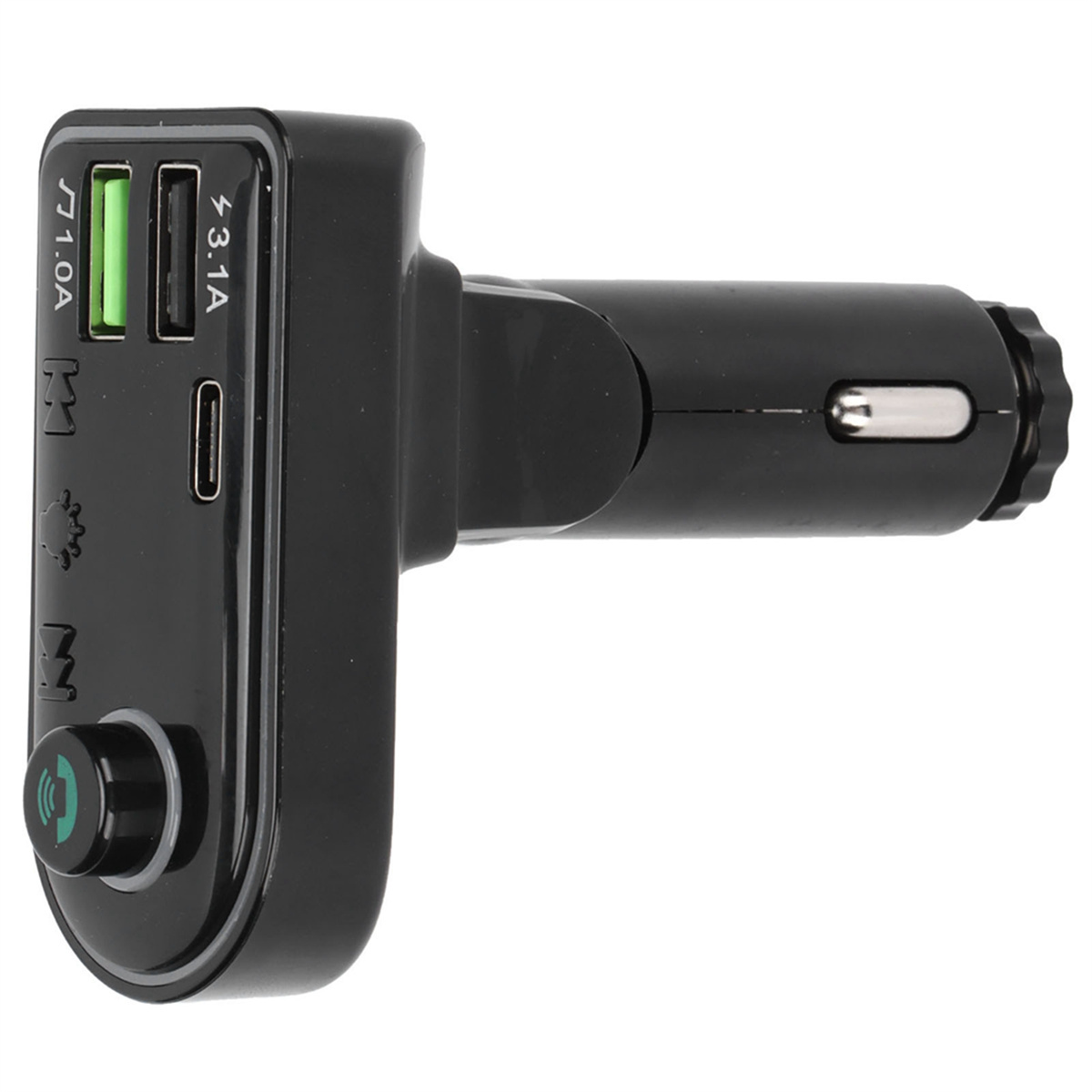 Schwarzer Auto-FM-Transmitter mit USB-Anschlüssen und einem Drehknopf, freigestellt.