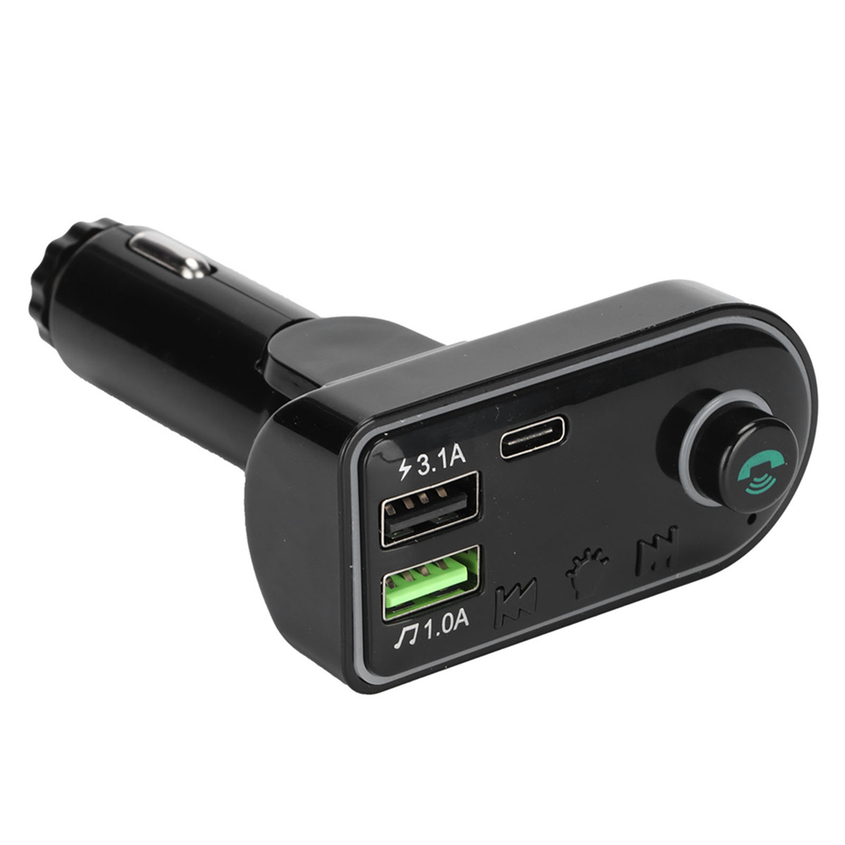 Schwarzes Autoladegerät mit USB-Anschlüssen, einem USB-C-Anschluss und einer Taste.
