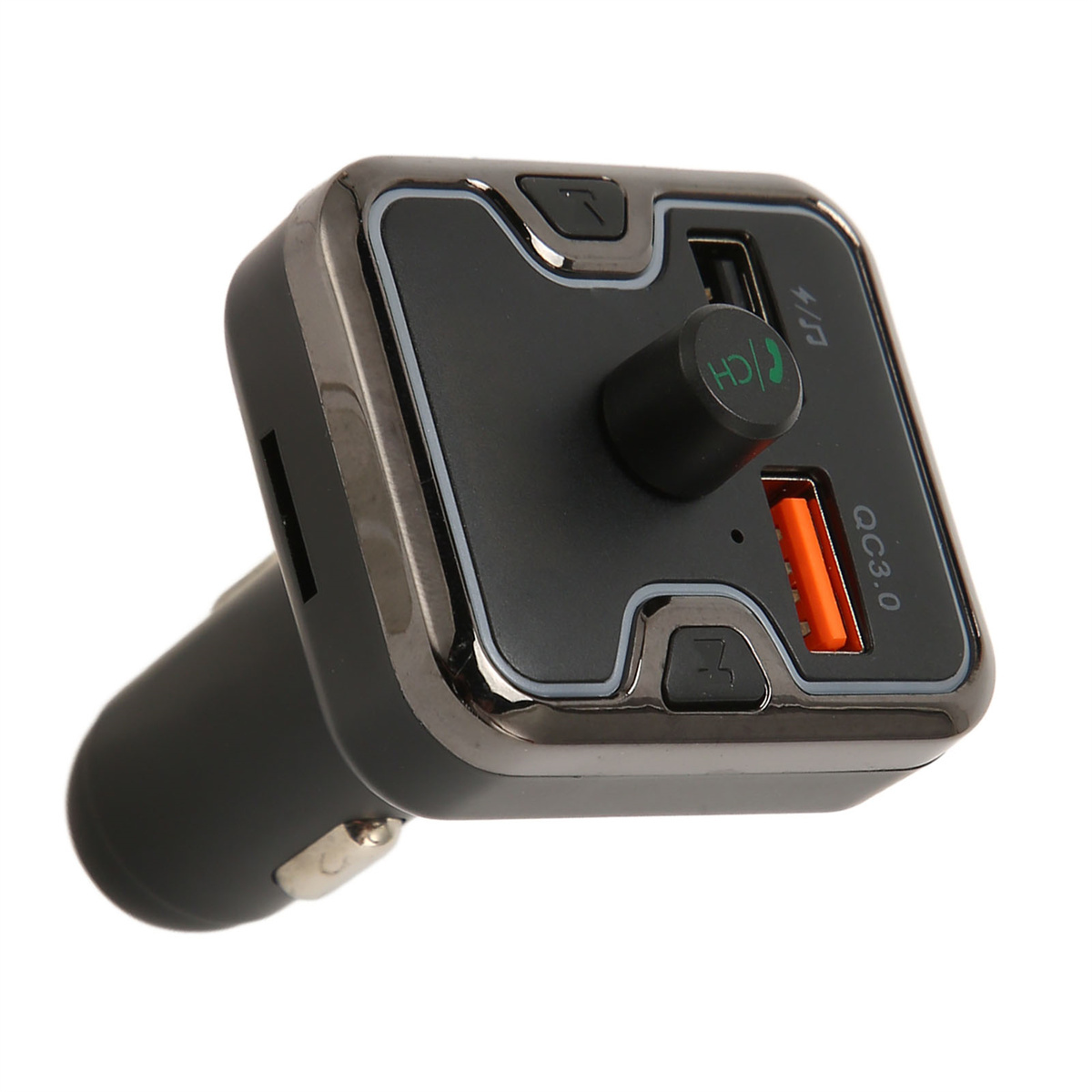 Schwarzes Autoladegerät mit USB-Anschlüssen und einem Drehknopf.