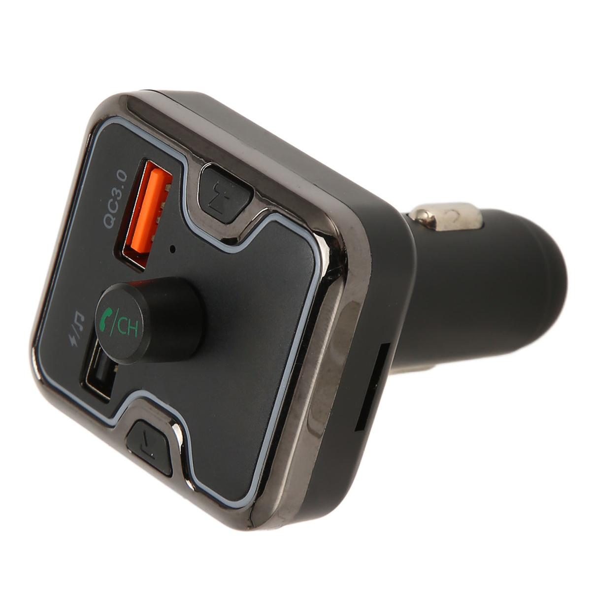 Ein schwarzes Autozubehör mit USB-Anschlüssen, Ladeanschluss und Bedientasten.