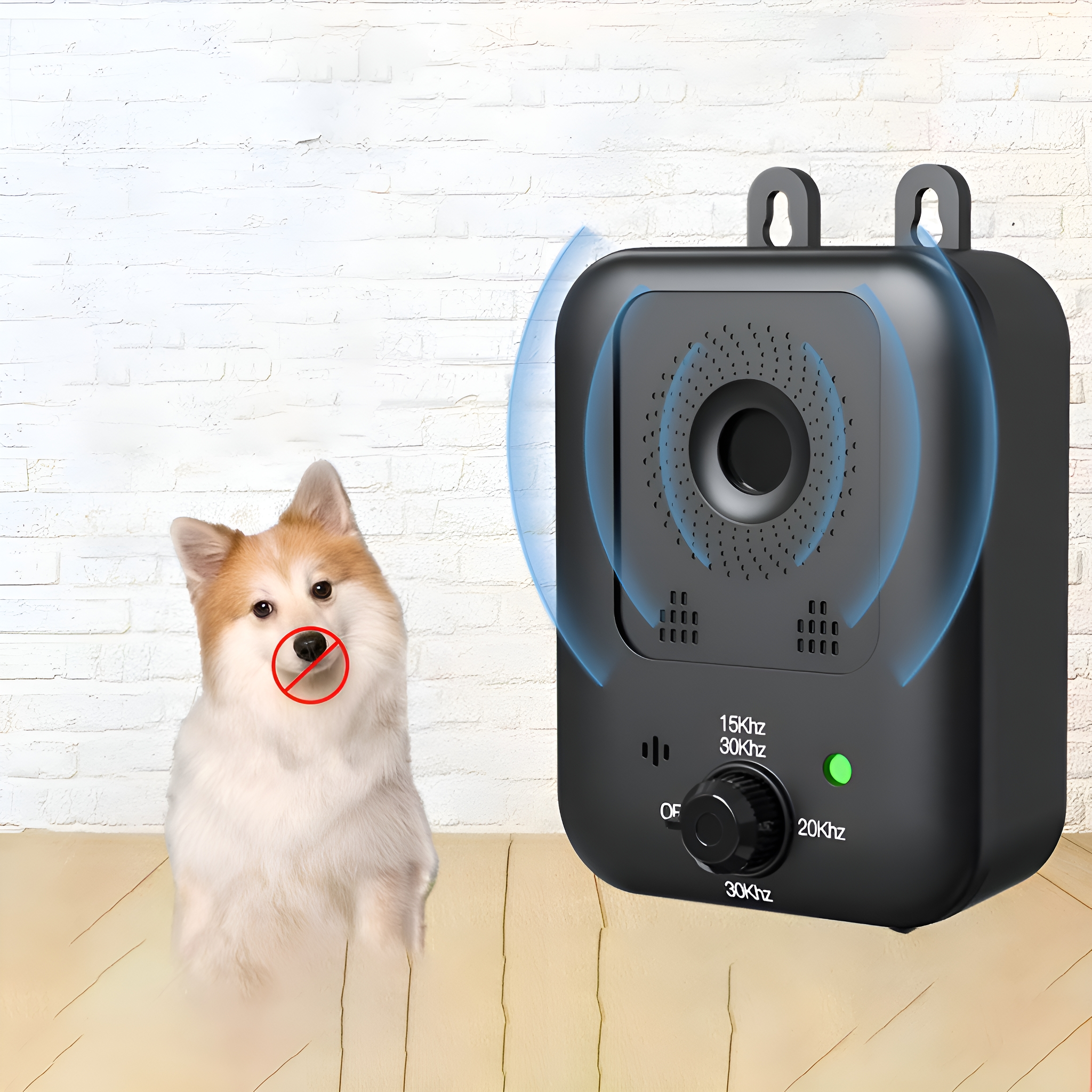 Ein Hund mit einem roten Kreis über dem Maul neben einem schwarzen Bellkontrollgerät.