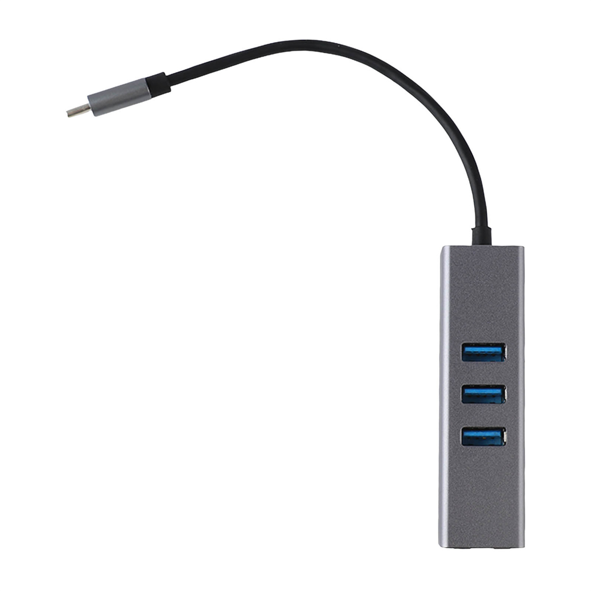 Silberner USB-Hub mit drei blauen USB-Anschlüssen, verbunden mit schwarzem Kabel.