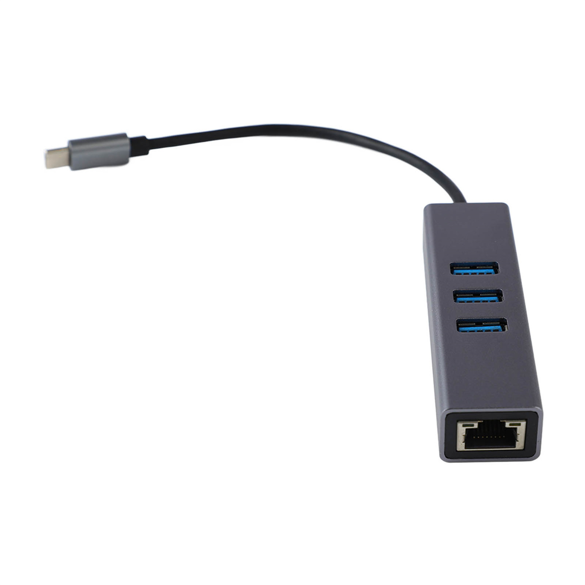 USB-Hub mit drei USB-Anschlüssen und einem Ethernet-Anschluss. Ein Kabel verbindet ihn mit USB-C.