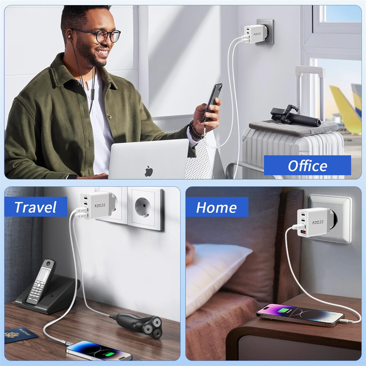 Mehrere Bilder zeigen eine Person, die Geräte zu Hause, auf Reisen und im Büro mit einem Multiport-Ladegerät auflädt.