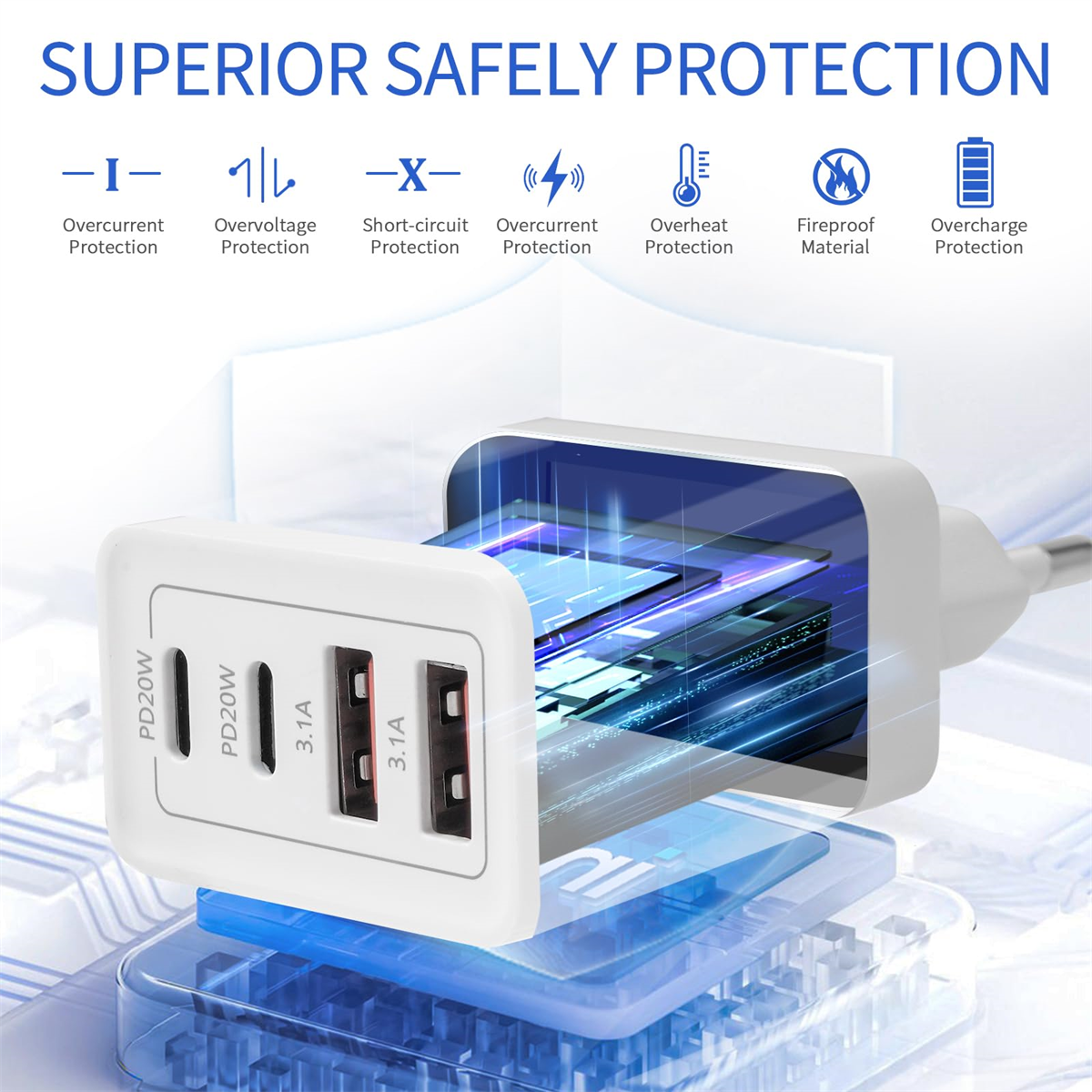 Weißes Netzteil mit drei USB-Anschlüssen. Es hat einen Stecker.