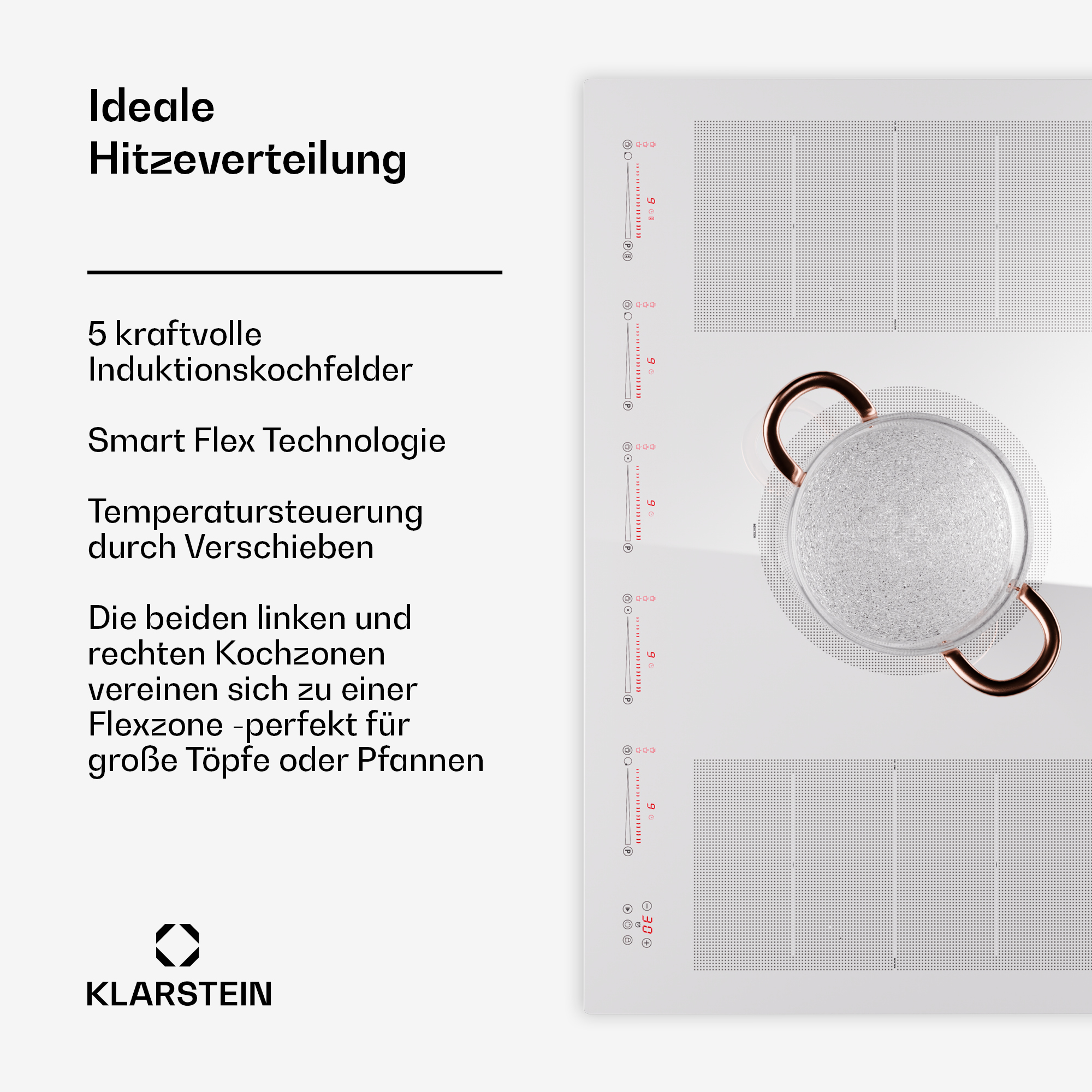 Placa de inducción blanca con olla. Texto describe características como flexzone.