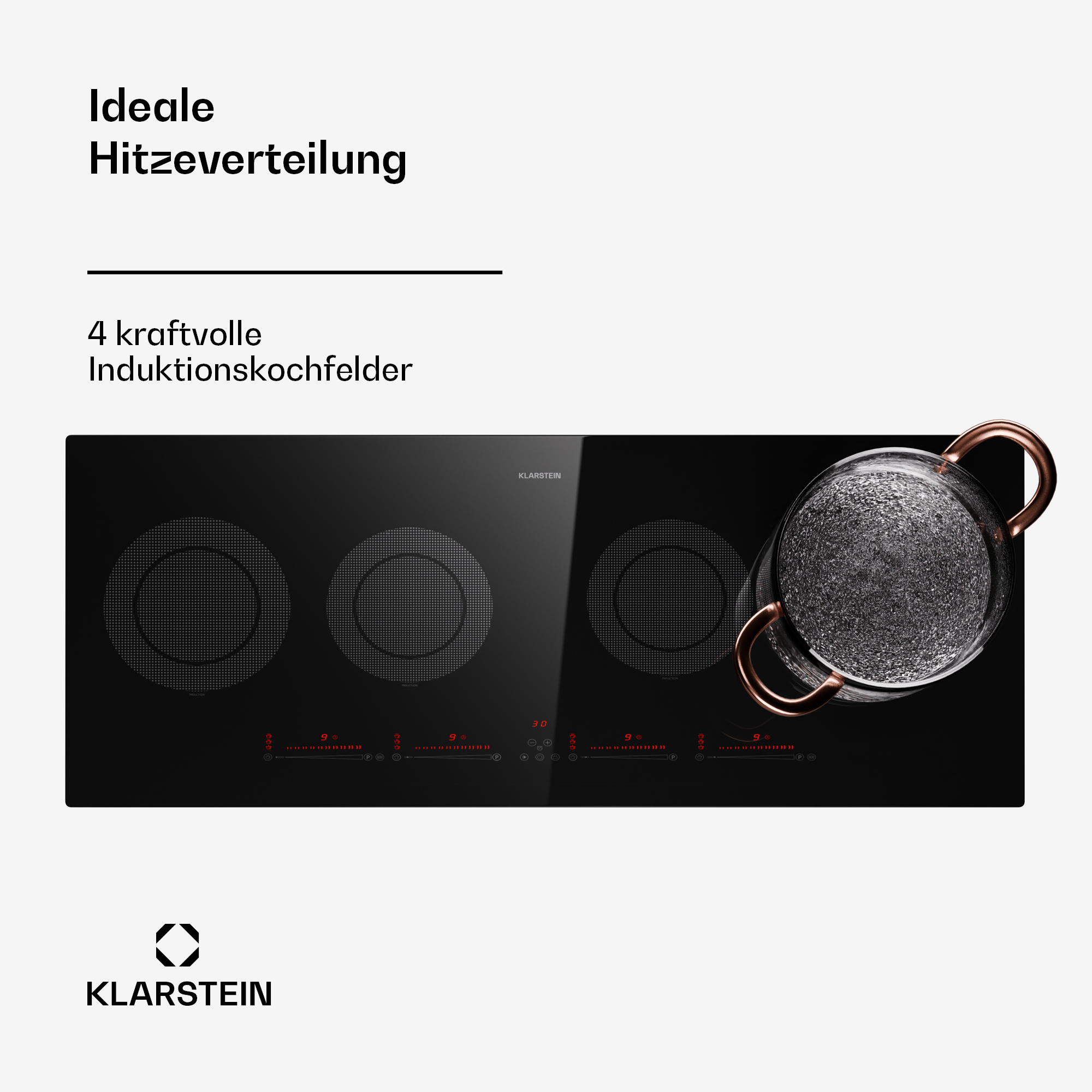 Schwarzes Induktionskochfeld mit vier Kochzonen, Klarstein-Logo und einem Topf.