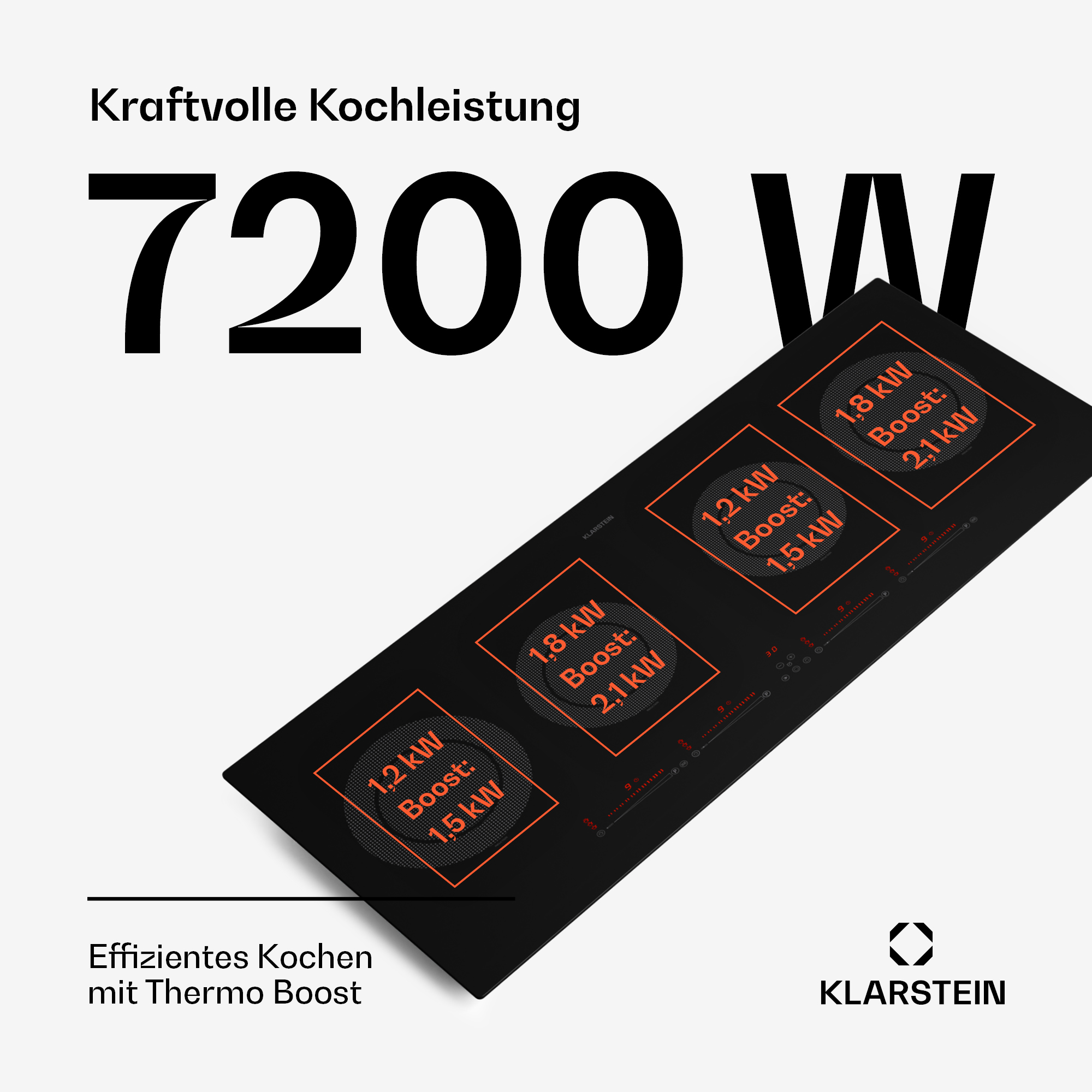 Ein schwarzes Kochfeld mit vier Kochfeldern. Text lautet '7200 W' und 'Thermo Boost'.