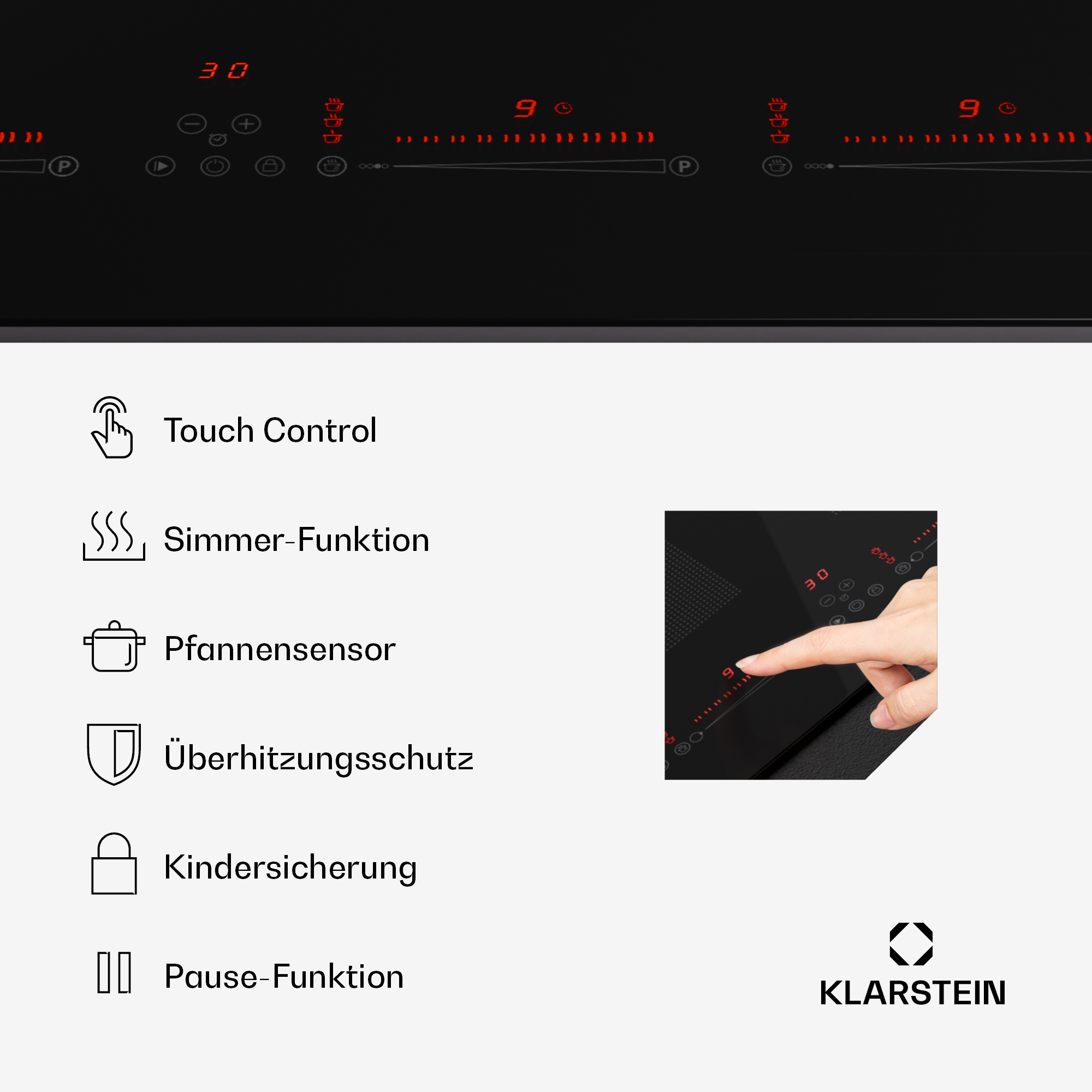 Ein schwarzer Herd mit Touch-Bedienung, roter Anzeige, Symbolen und einer Hand, die die Oberfläche berührt.