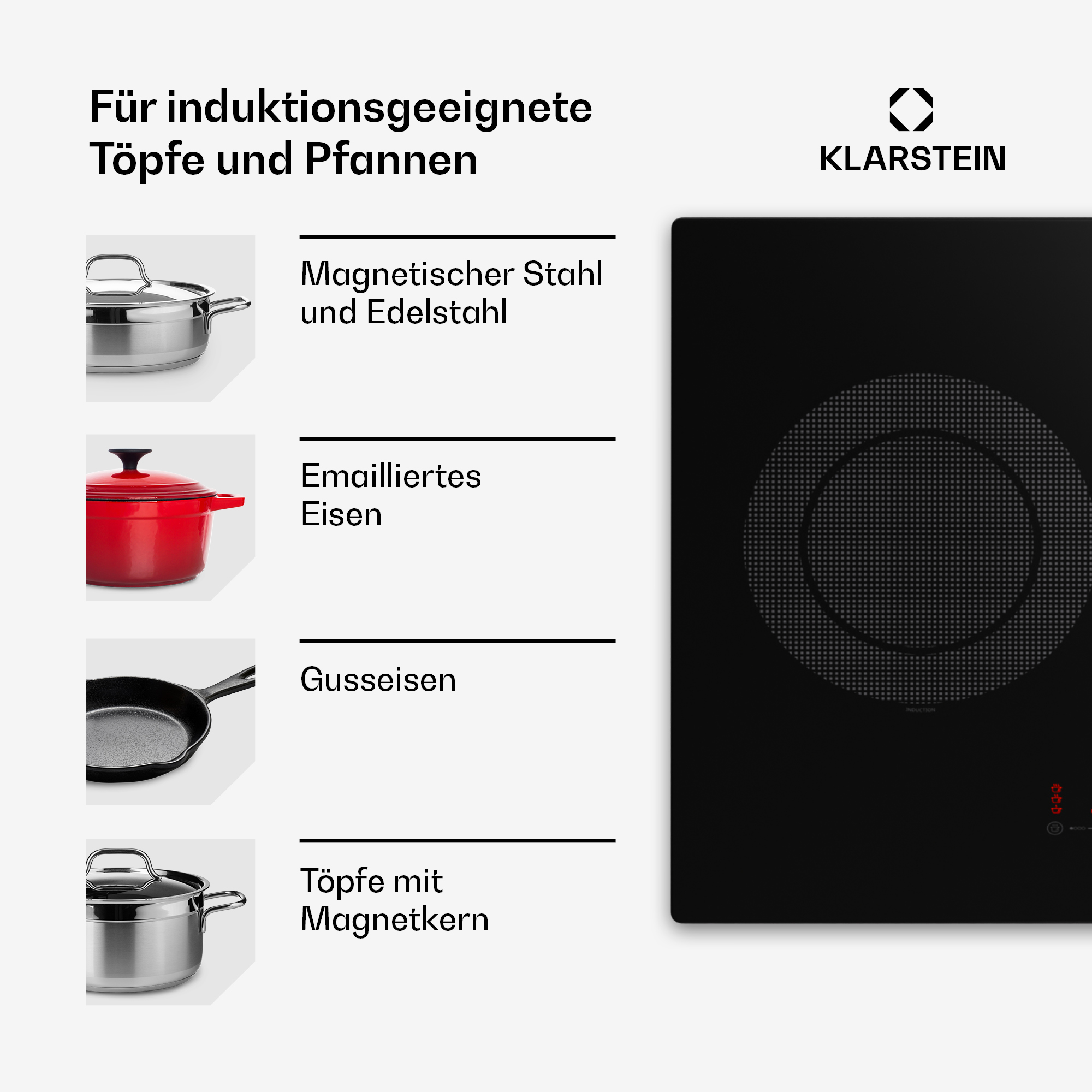 Ein schwarzes Induktionskochfeld mit Klarstein-Logo. Bilder von Töpfen und Pfannen umgeben es.