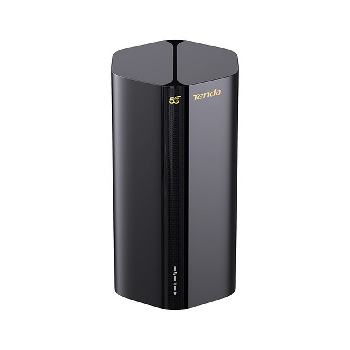Ein schwarzer, dreieckiger Router mit den Logos 5G und Tenda.