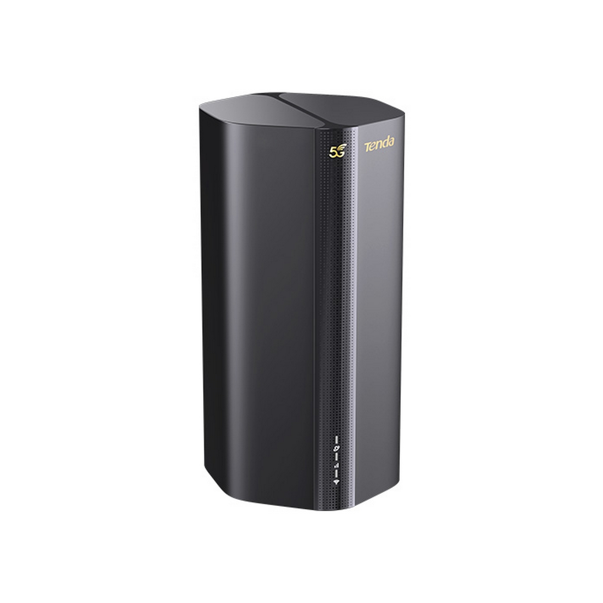 Ein schwarzer, zylindrischer 5G Tenda Router. Der Router befindet sich auf einem weißen Hintergrund. Das Tenda-Logo ist sichtbar.