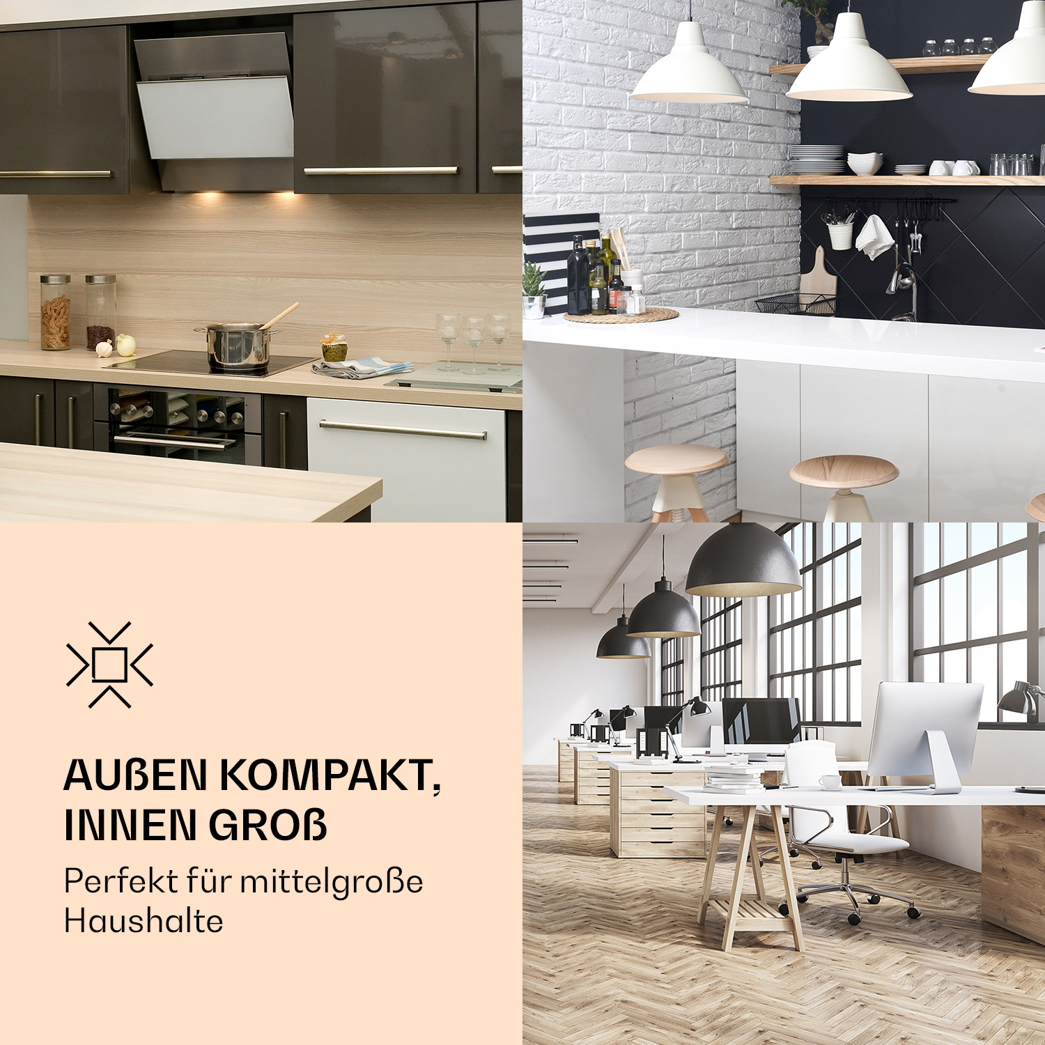 Collage von Küchen- und Büroräumen. Text: AUßEN KOMPAKT, INNEN GROß. Für mittelgroße Haushalte.