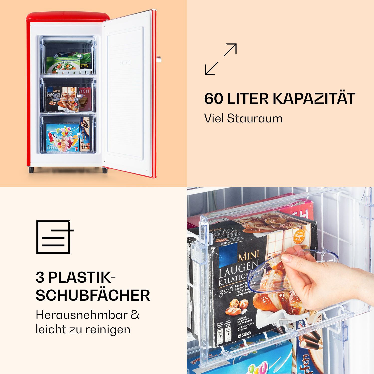Roter Mini-Kühlschrank geöffnet, zeigt Regale mit Lebensmitteln. Text: 60 Liter Kapazität.