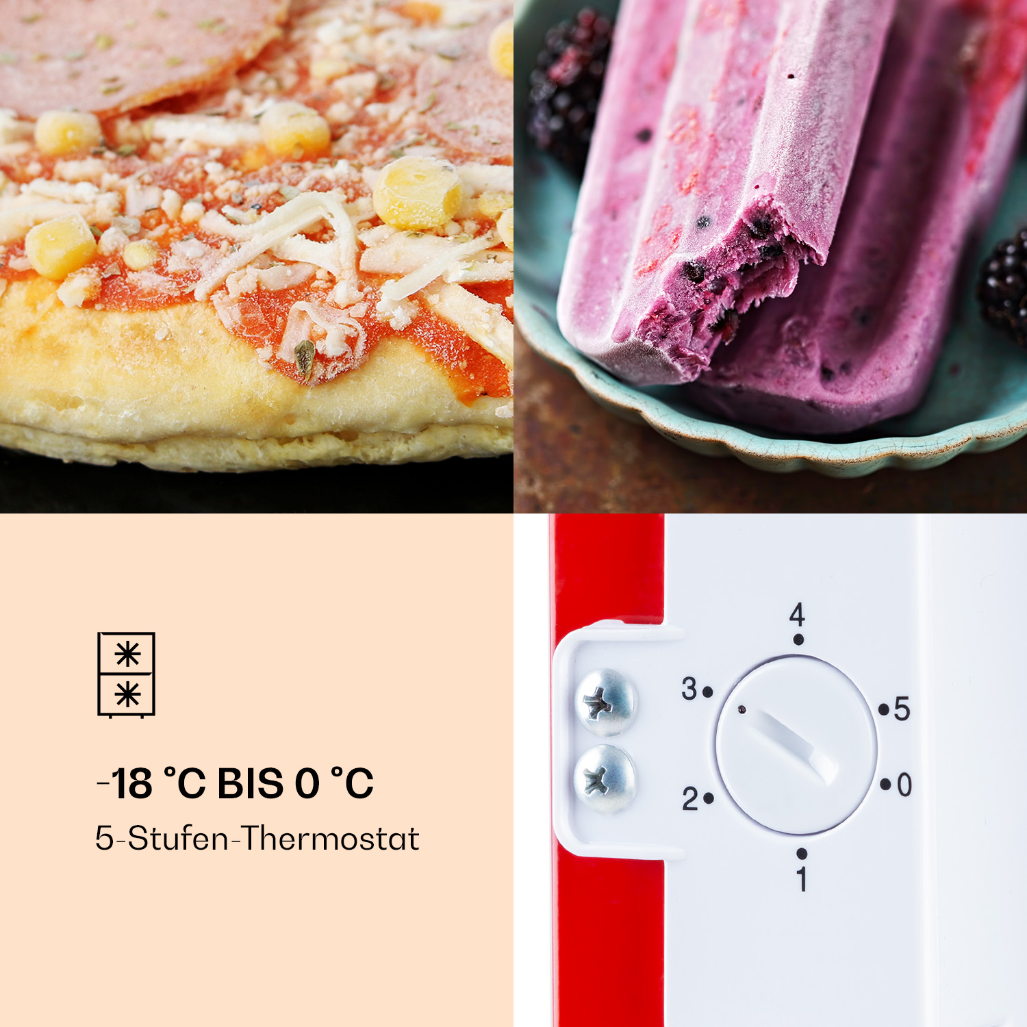 Collage aus Essen und einem Kühlschrankthermostat. Pizza, Eis am Stiel und Thermostat-Einstellrad, Temperatur.