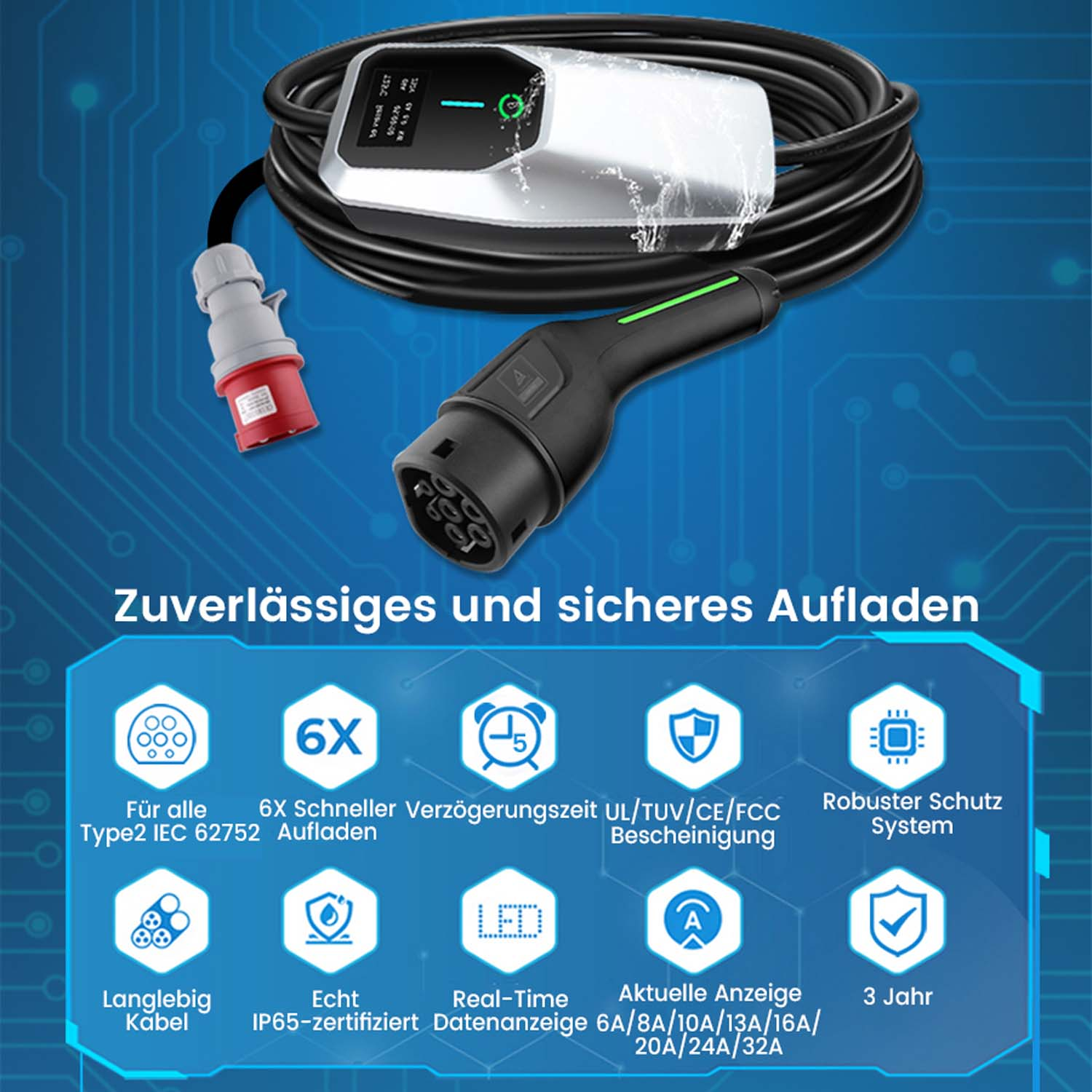 Ładowarka EV z tekstem w języku niemieckim, pokazująca kabel, port i ikony.